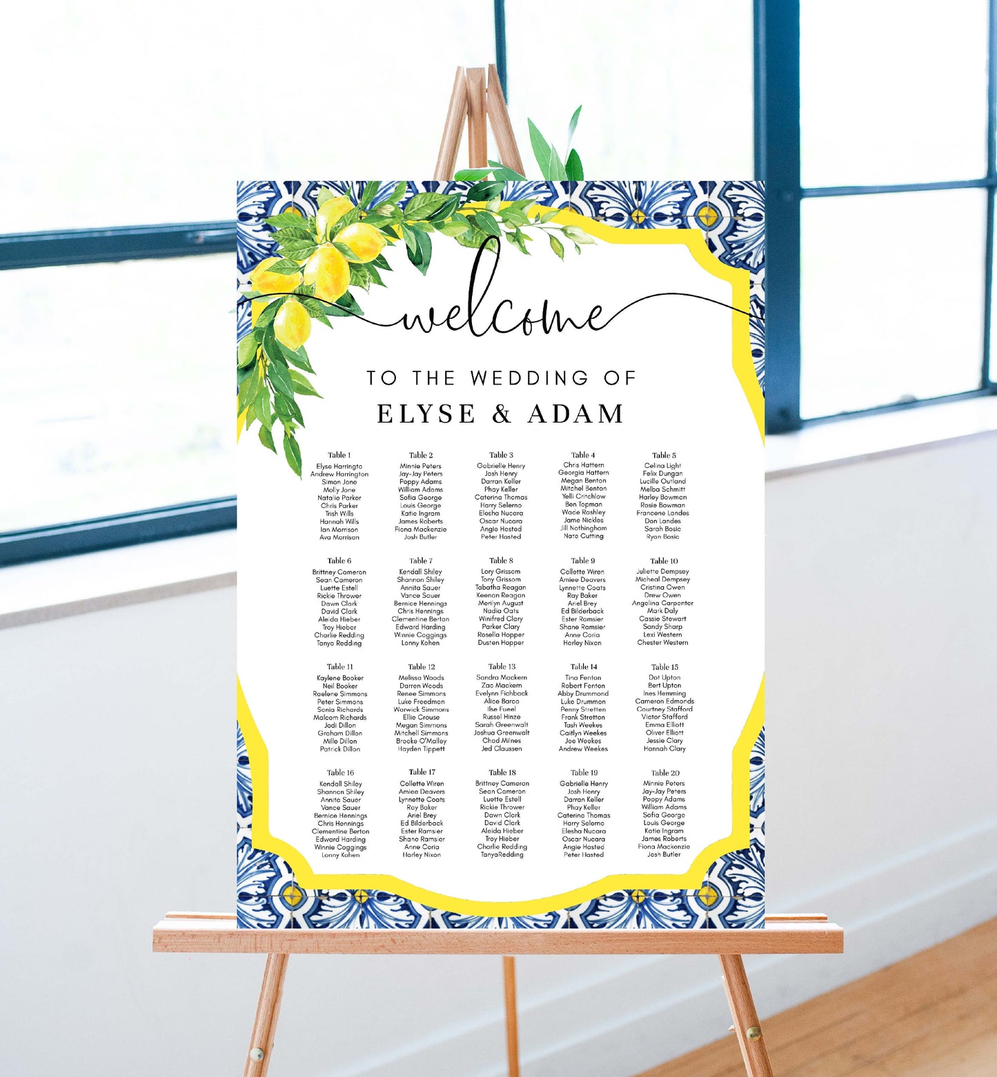 Wedding seating chart with floral design on an easel. Printable Seating Chart Template, Positano Blue Tile Lemon Wedding Table Plan, Italian Theme, Seating Plan Poster, Guest List Seating Sign