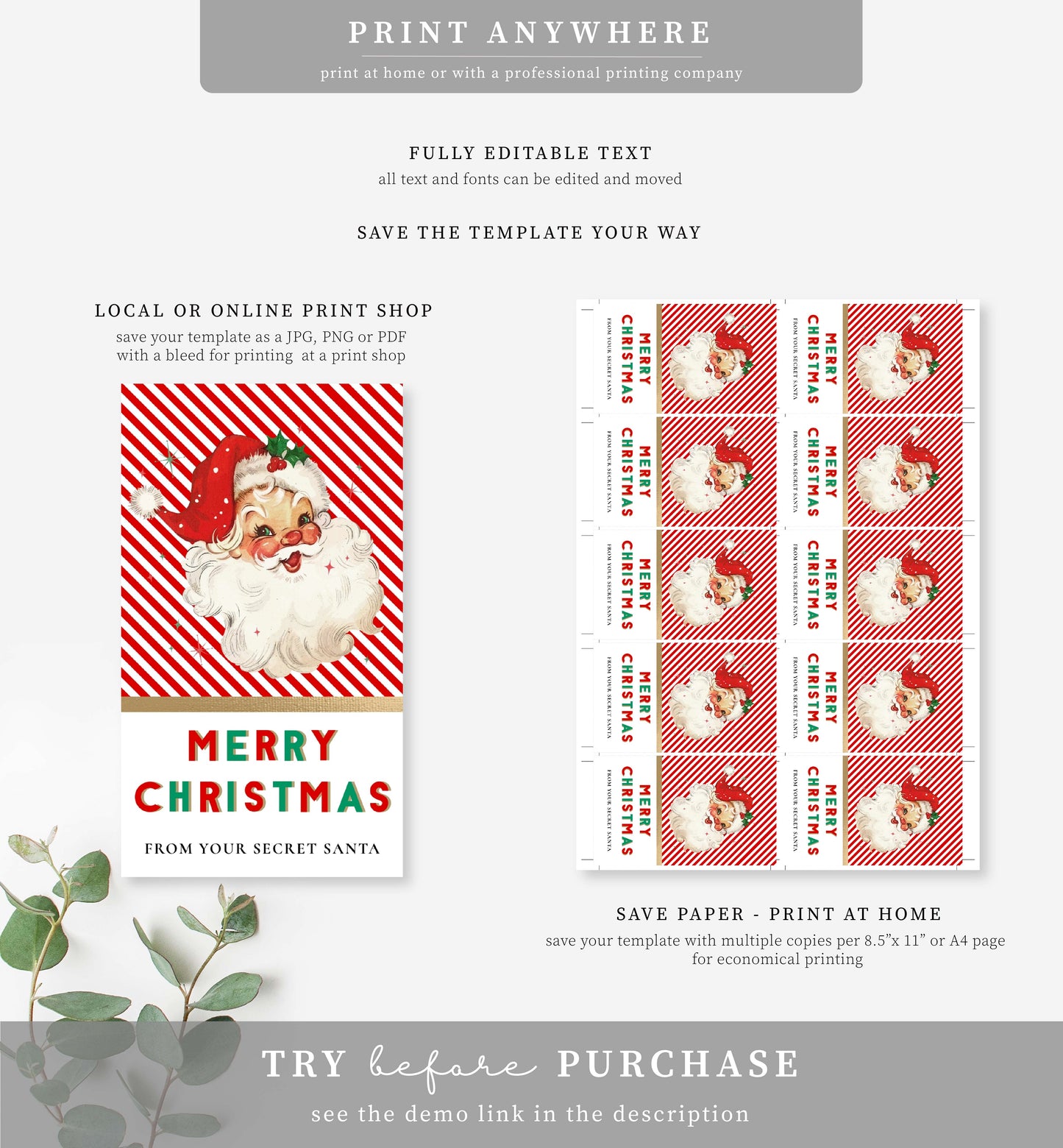 Stripe Red | Printable Secret Santa Gift Tag Template