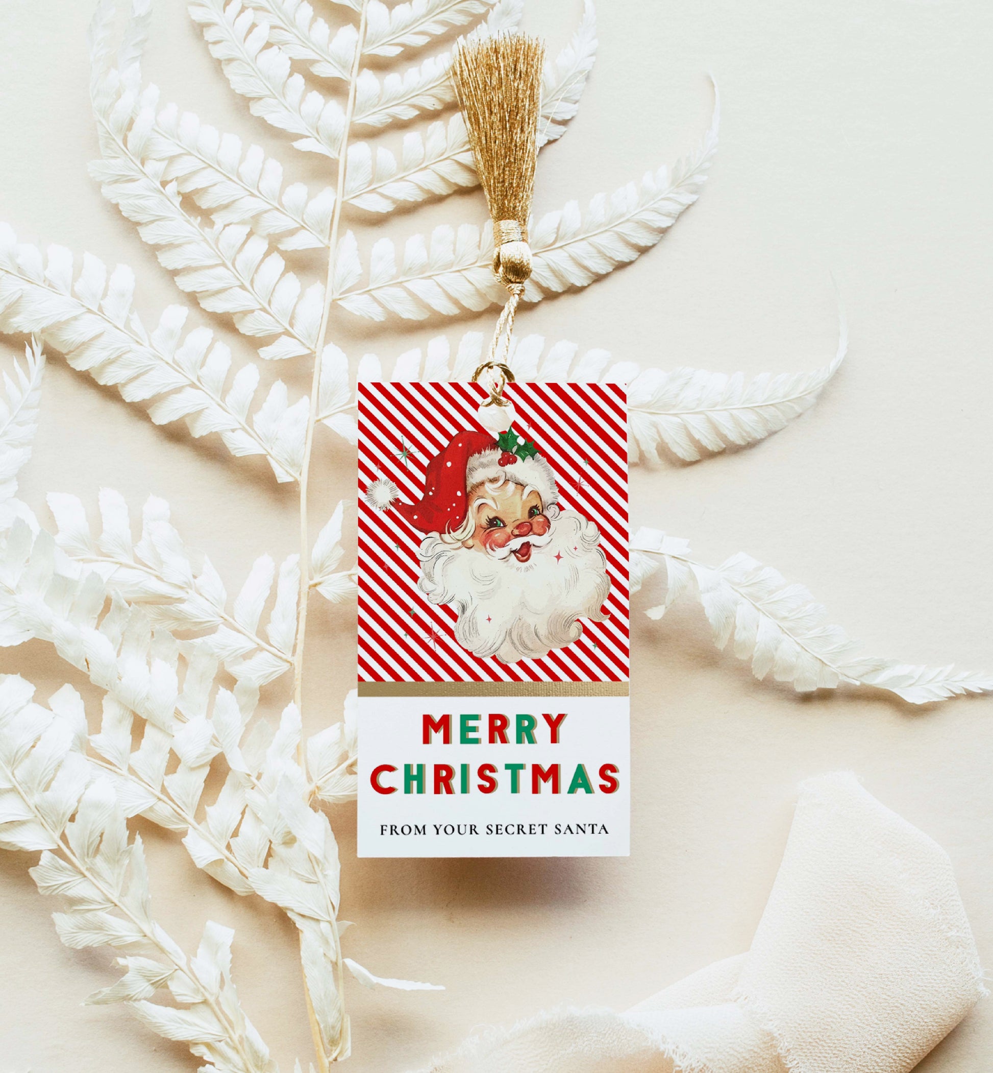 Printable Christmas Gift Tag, Secret Santa Gift Label, Christmas Gift Exchange Tag, Retro Santa, Christmas Gift Wrapping Tag, Red Stripe