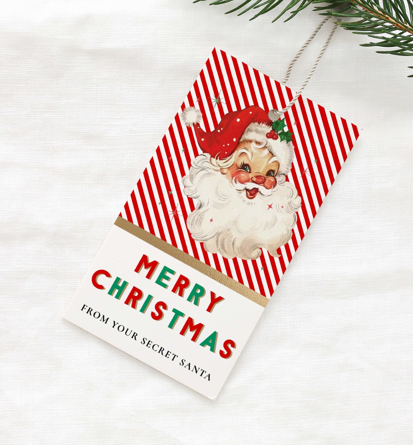 Printable Christmas Gift Tag, Secret Santa Gift Label, Christmas Gift Exchange Tag, Retro Santa, Christmas Gift Wrapping Tag, Red Stripe
