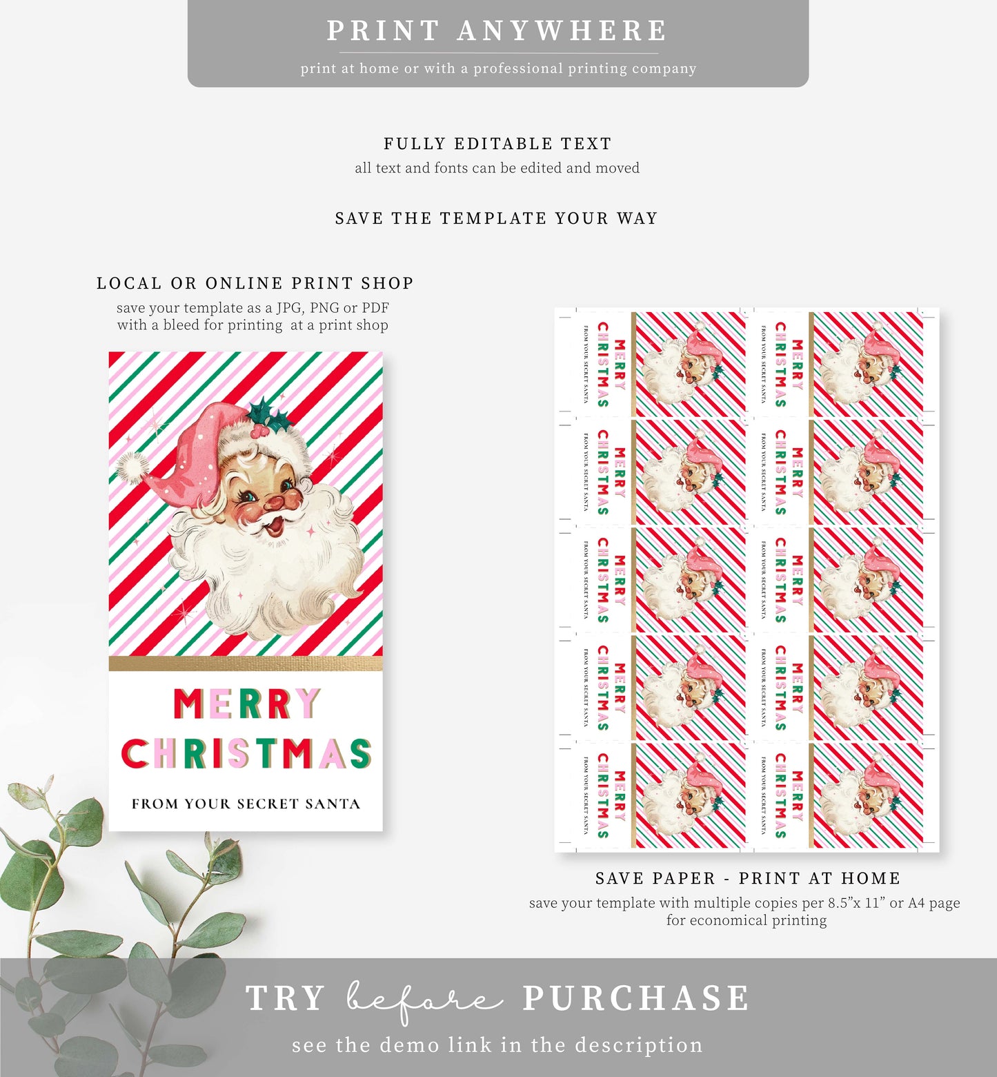 Stripe Pink Multi | Printable Secret Santa Gift Tag Template