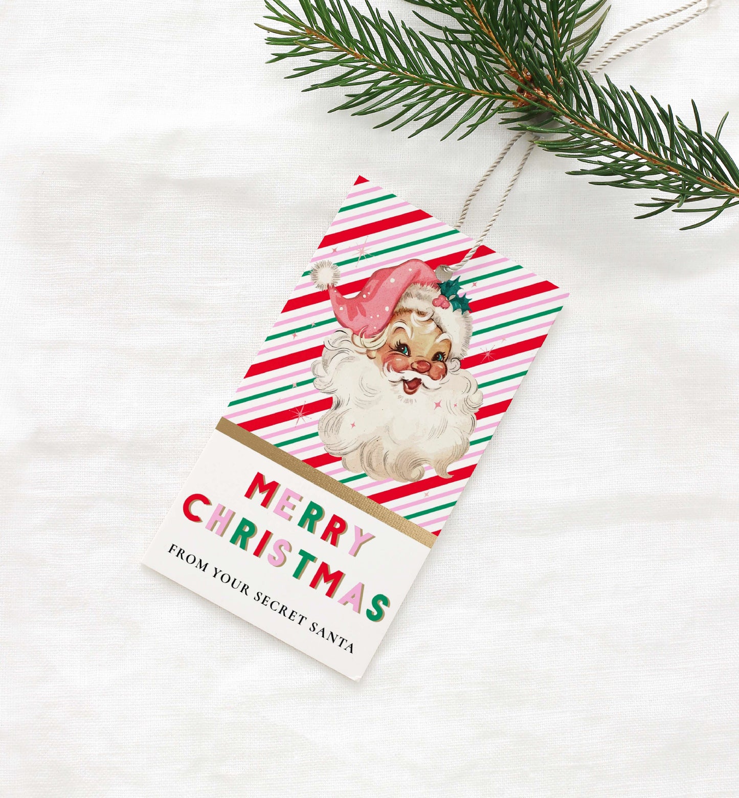 Printable Christmas Gift Tag, Secret Santa Gift Label, Christmas Gift Exchange Tag, Retro Santa, Christmas Gift Wrapping Tag Red Pink Stripe