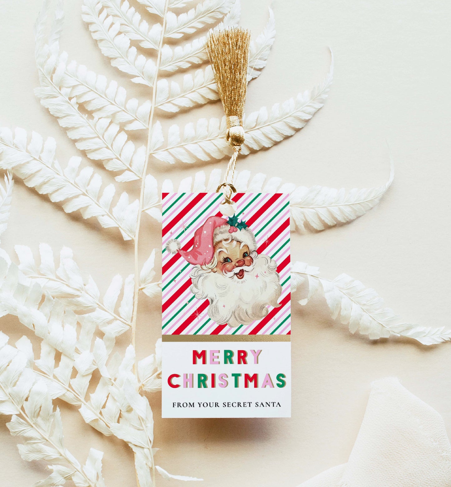 Printable Christmas Gift Tag, Secret Santa Gift Label, Christmas Gift Exchange Tag, Retro Santa, Christmas Gift Wrapping Tag Red Pink Stripe