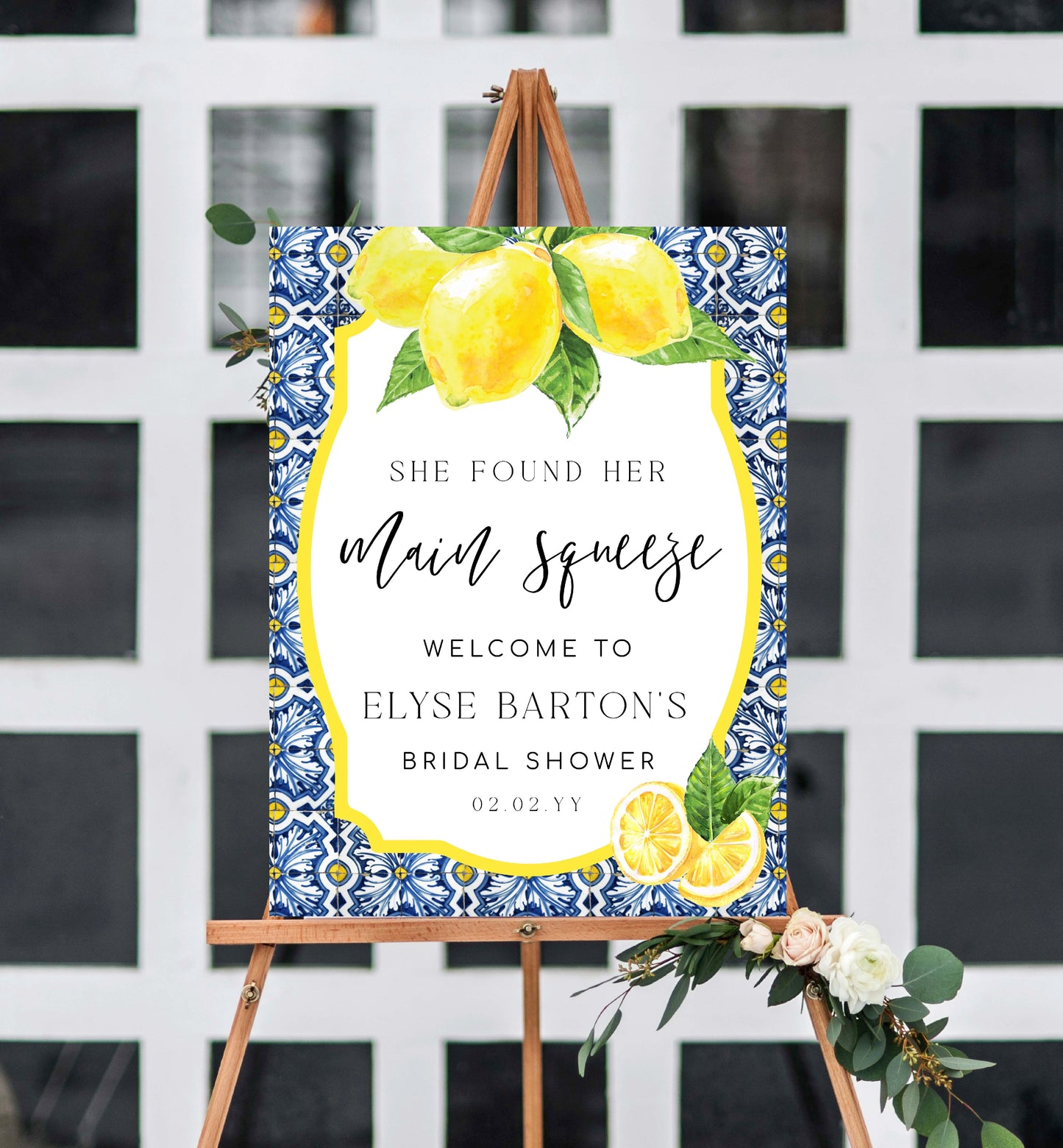 She Found Her Main Squeeze Welcome Sign, Lemons Bridal Shower Printable Welcome Sign, Positano Blue Majolica Tile, Hens Party Welcome Sign