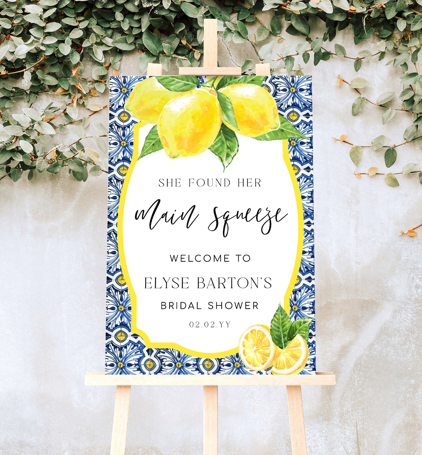 She Found Her Main Squeeze Welcome Sign, Lemons Bridal Shower Printable Welcome Sign, Positano Blue Majolica Tile, Hens Party Welcome Sign