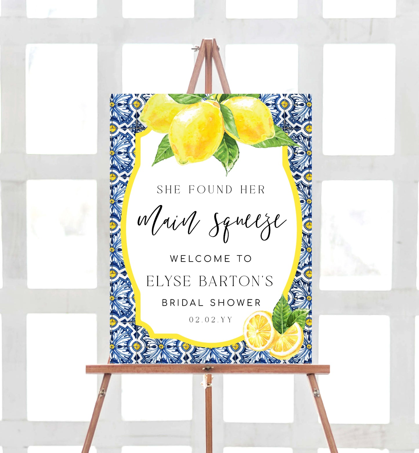 She Found Her Main Squeeze Welcome Sign, Lemons Bridal Shower Printable Welcome Sign, Positano Blue Majolica Tile, Hens Party Welcome Sign