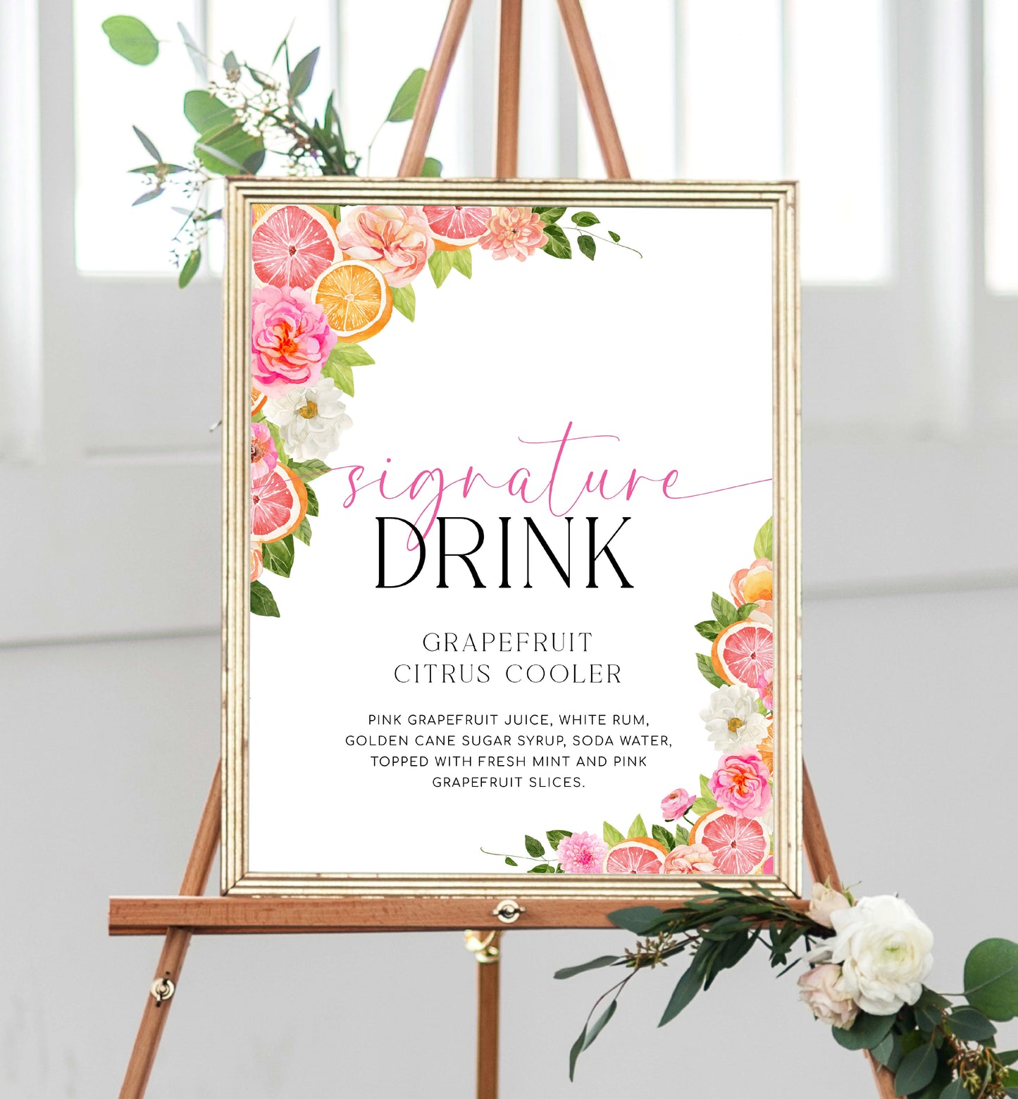 Signature Drinks Sign Template, Printable Bar Menu, Citrus Fruit, Bright Spring Floral, Cocktail Menu Sign, Signature Cocktail Sign, Pomelo