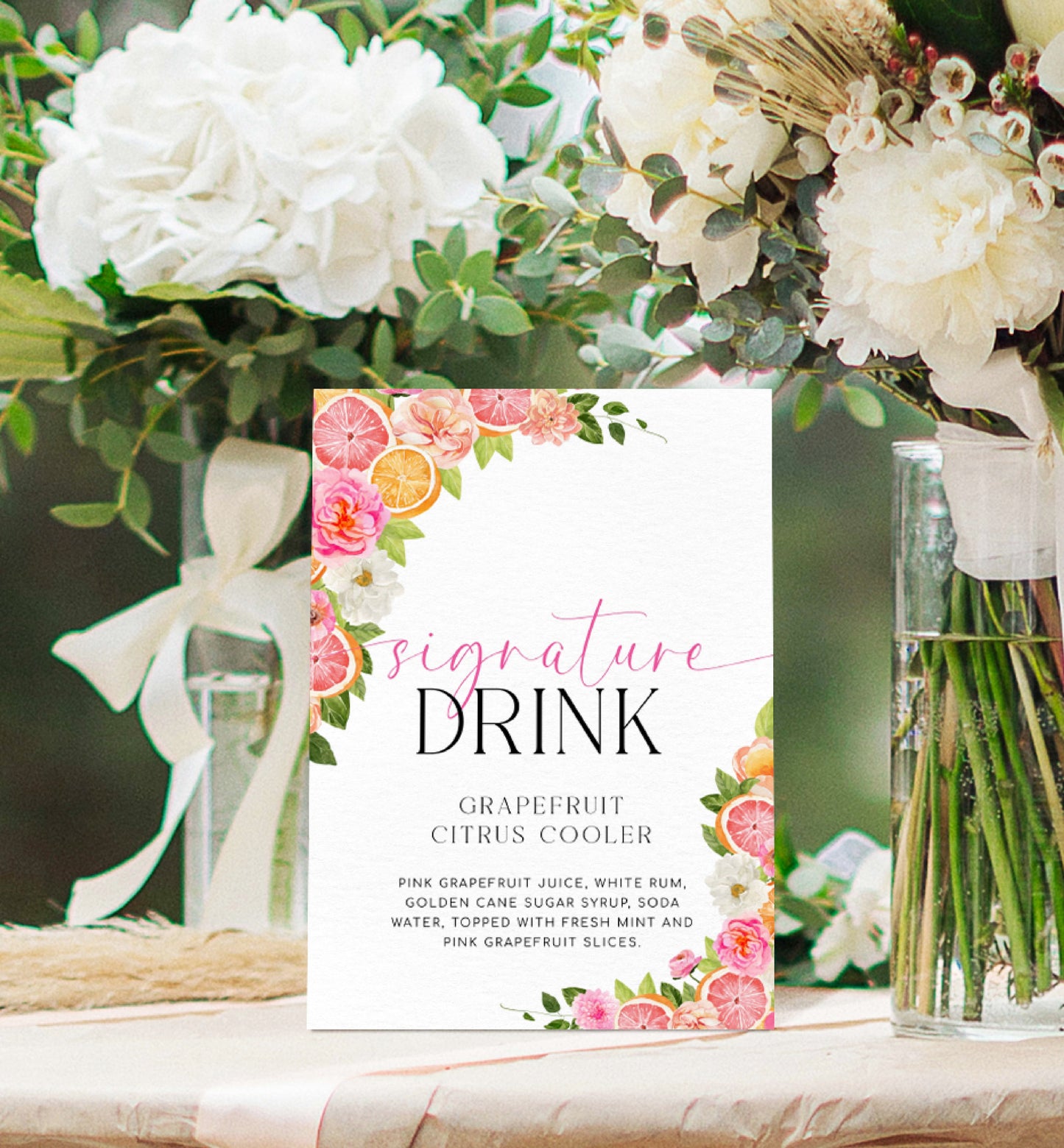 Signature Drinks Sign Template, Printable Bar Menu, Citrus Fruit, Bright Spring Floral, Cocktail Menu Sign, Signature Cocktail Sign, Pomelo