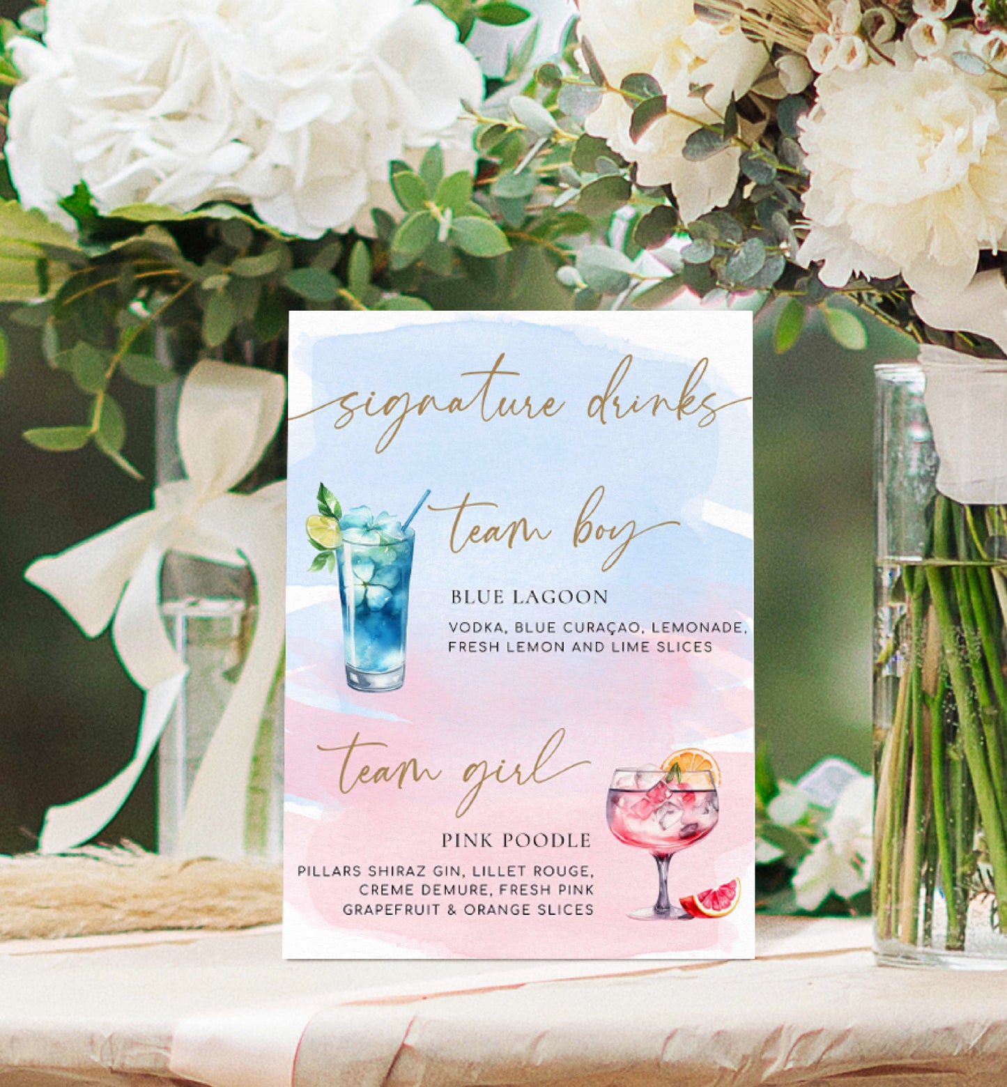 Team Girl Team Boy Drinks Menu Sign, Pink Blue Watercolour, Printable Baby Shower Menu Bar Sign, Couples Shower Drinks Sign, Mocktails Sign