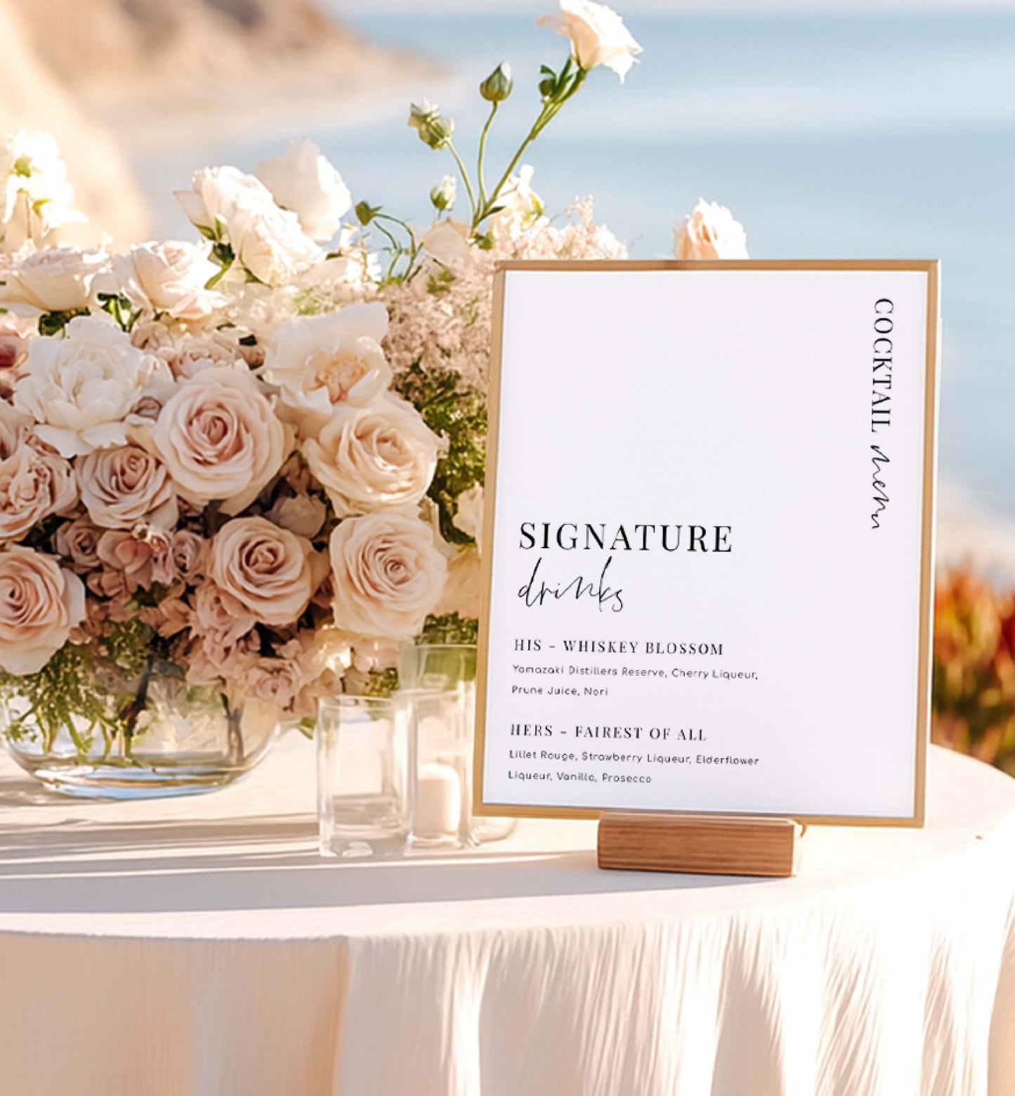 Signature drinks sign with floral arrangement on a table outdoors. Signature Drinks Sign, Minimalist Wedding Signature Cocktails Sign, Printable His and Her Drinks Menu Sign, Wedding Bar Menu Sign, Estelle