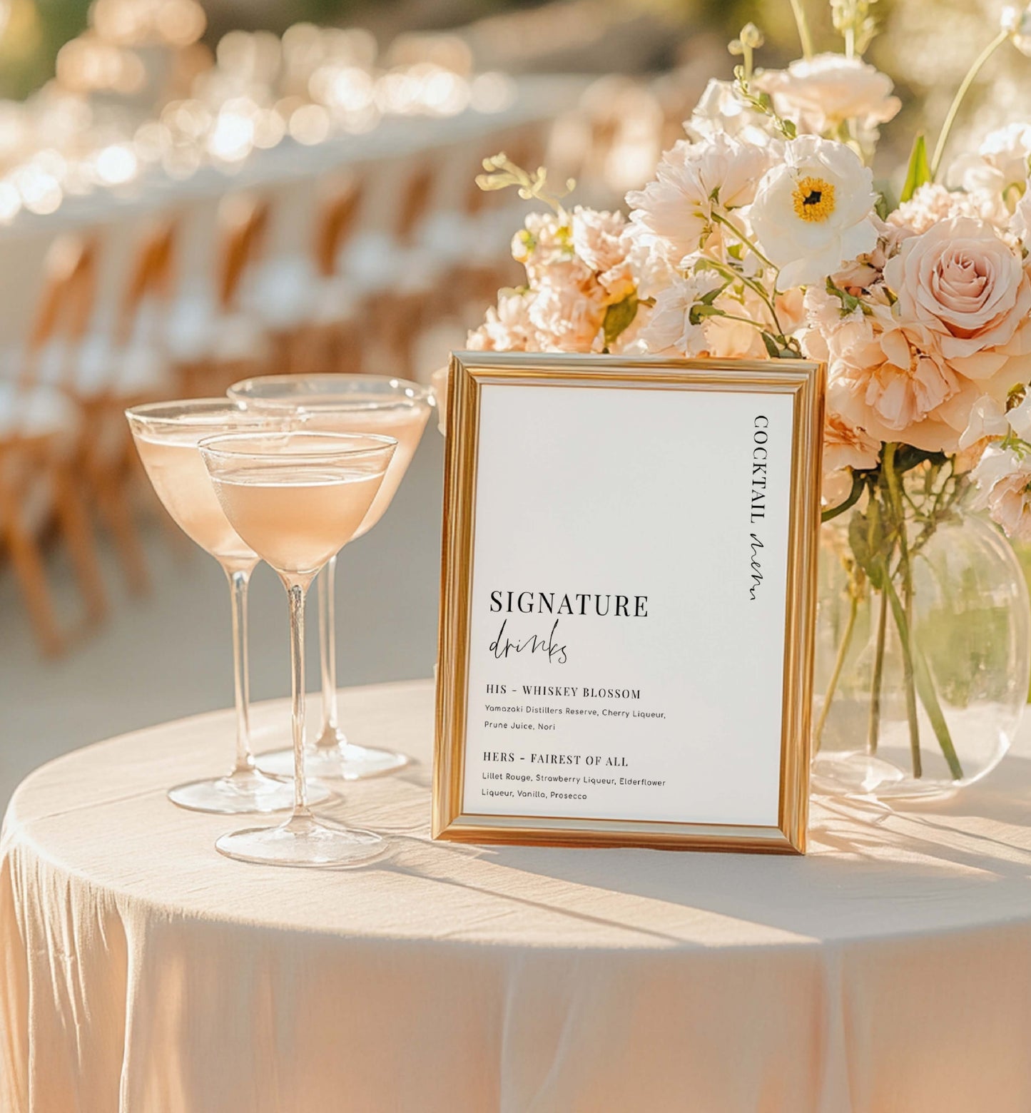 Table setting with cocktail glasses and a floral arrangement on a blurred outdoor background. Signature Drinks Sign, Minimalist Wedding Signature Cocktails Sign, Printable His and Her Drinks Menu Sign, Wedding Bar Menu Sign, Estelle