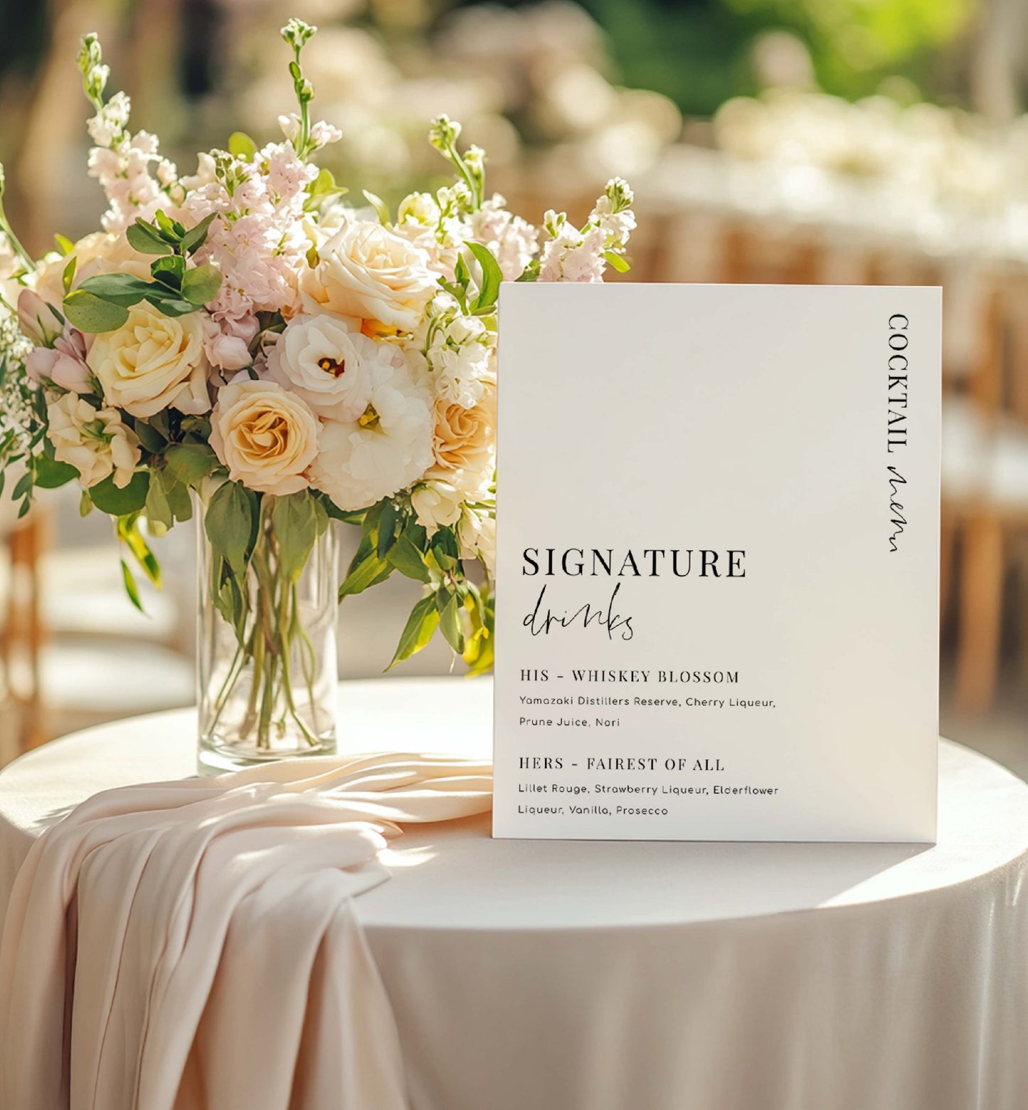 Cocktail menu with signature drinks on a table with flowers. Signature Drinks Sign, Minimalist Wedding Signature Cocktails Sign, Printable His and Her Drinks Menu Sign, Wedding Bar Menu Sign, Estelle