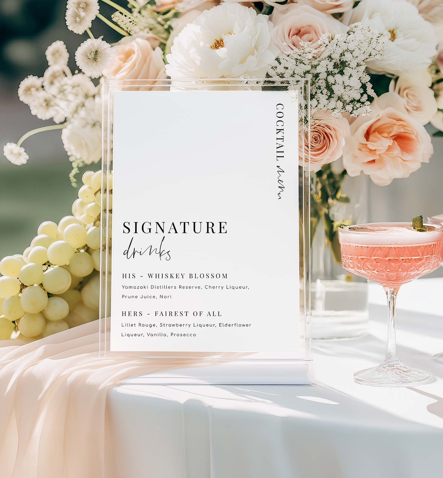 Cocktail menu with flowers and a cocktail on a table. Signature Drinks Sign, Minimalist Wedding Signature Cocktails Sign, Printable His and Her Drinks Menu Sign, Wedding Bar Menu Sign, Estelle