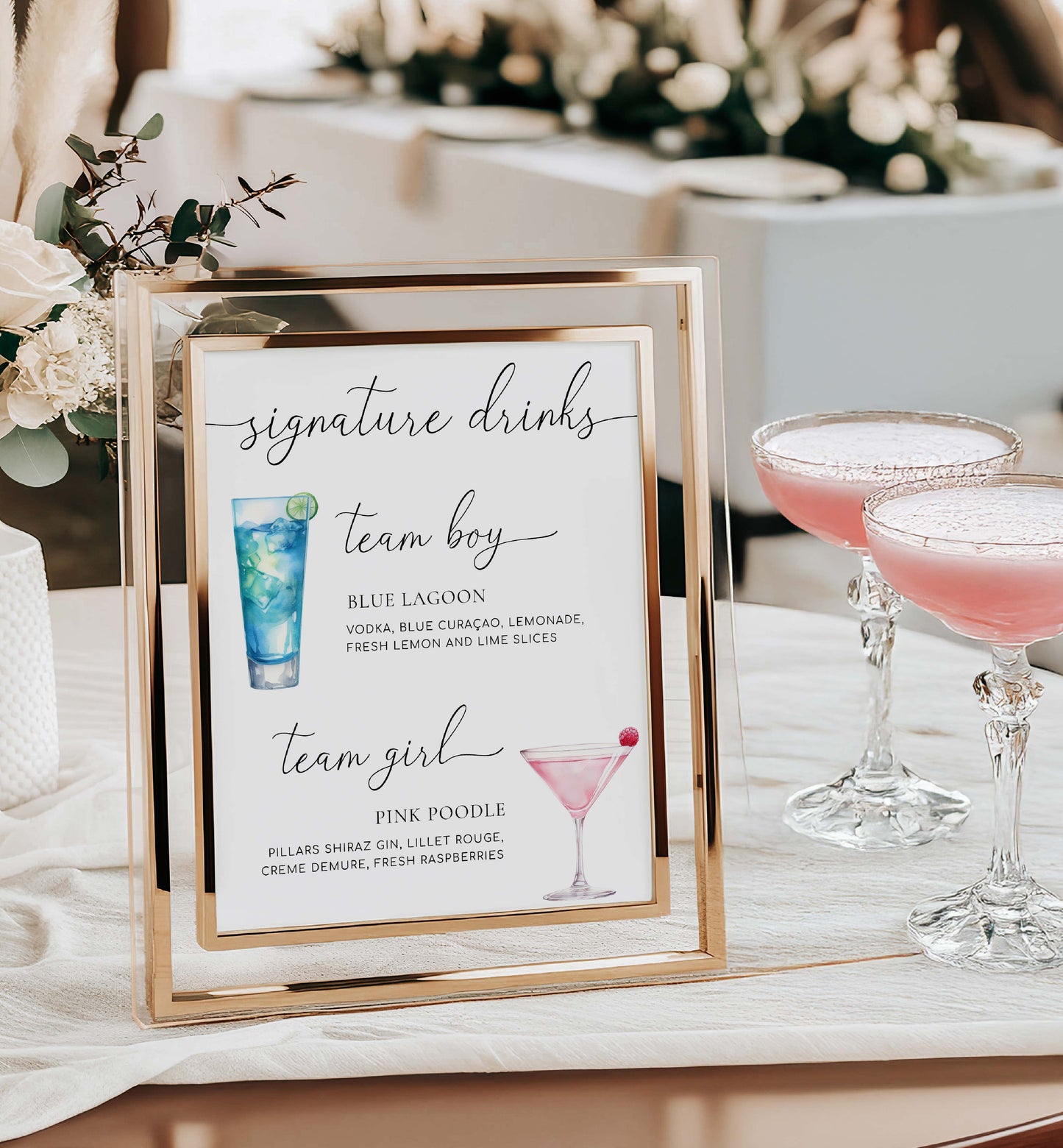 Table setting with signature drinks sign and cocktails on a table. Editable Team Girl Team Boy Drinks Menu Sign, Printable Gender Reveal Signature Drinks Menu Sign, Couples Shower Drinks Sign, Quinn