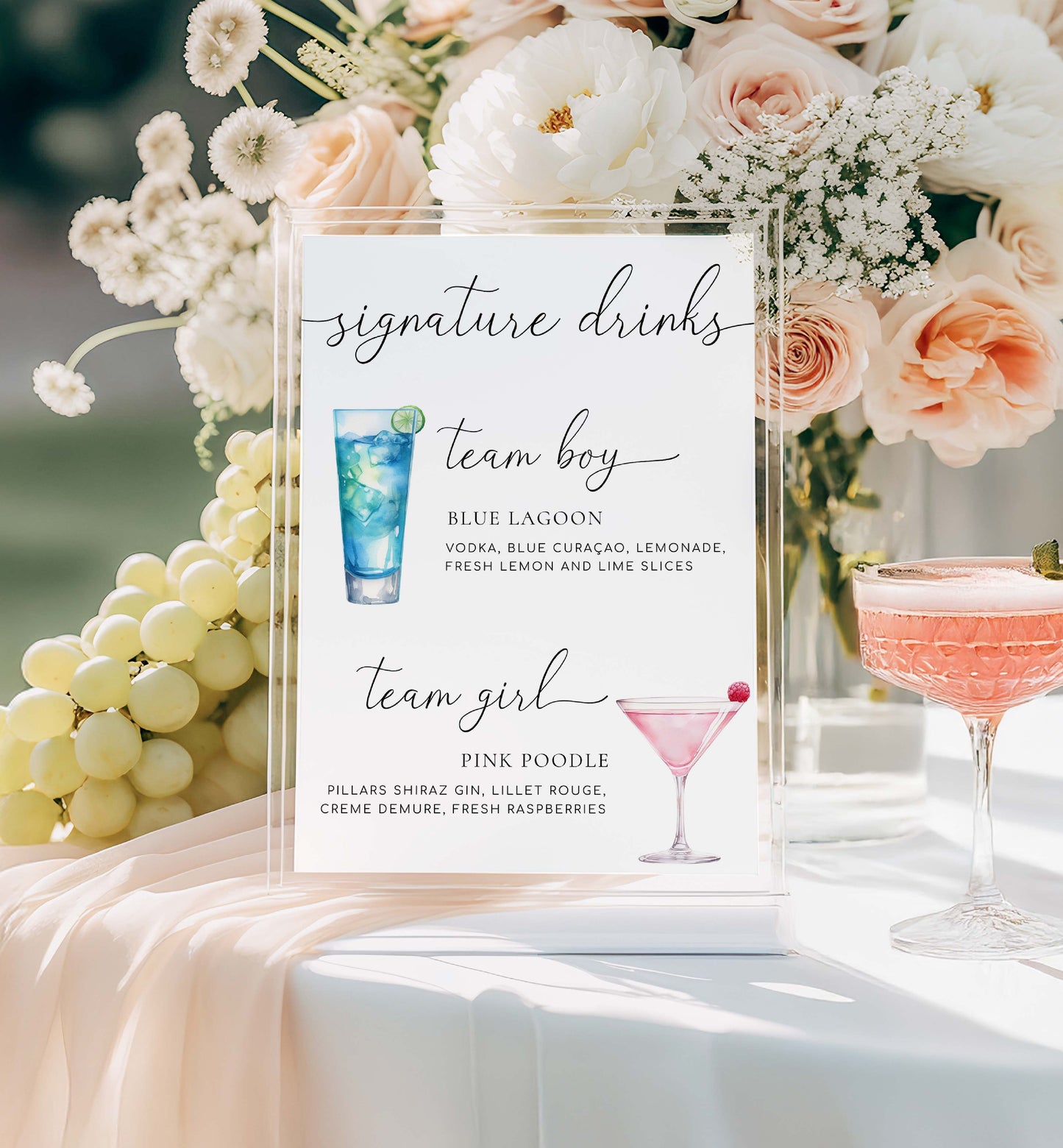 Decorative sign for signature drinks with cocktail illustrations and text, surrounded by flowers and grapes. Editable Team Girl Team Boy Drinks Menu Sign, Printable Gender Reveal Signature Drinks Menu Sign, Couples Shower Drinks Sign, Quinn