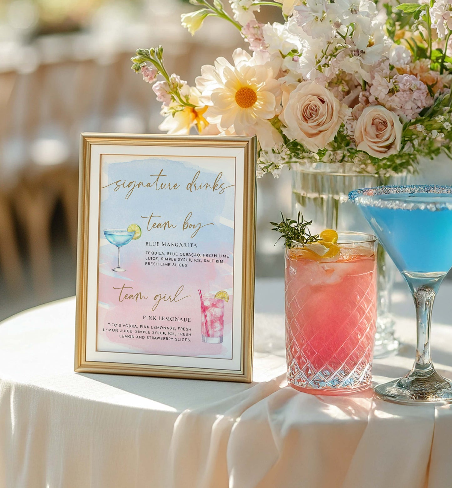 Table setting with cocktail glasses, floral arrangement, and a sign indicating 'signature drinks' for a baby shower. Team Girl Team Boy Drinks Menu Sign, Pink Blue Watercolour, Printable Baby Shower Menu Bar Sign, Couples Shower Drinks Sign, Mocktails Sign