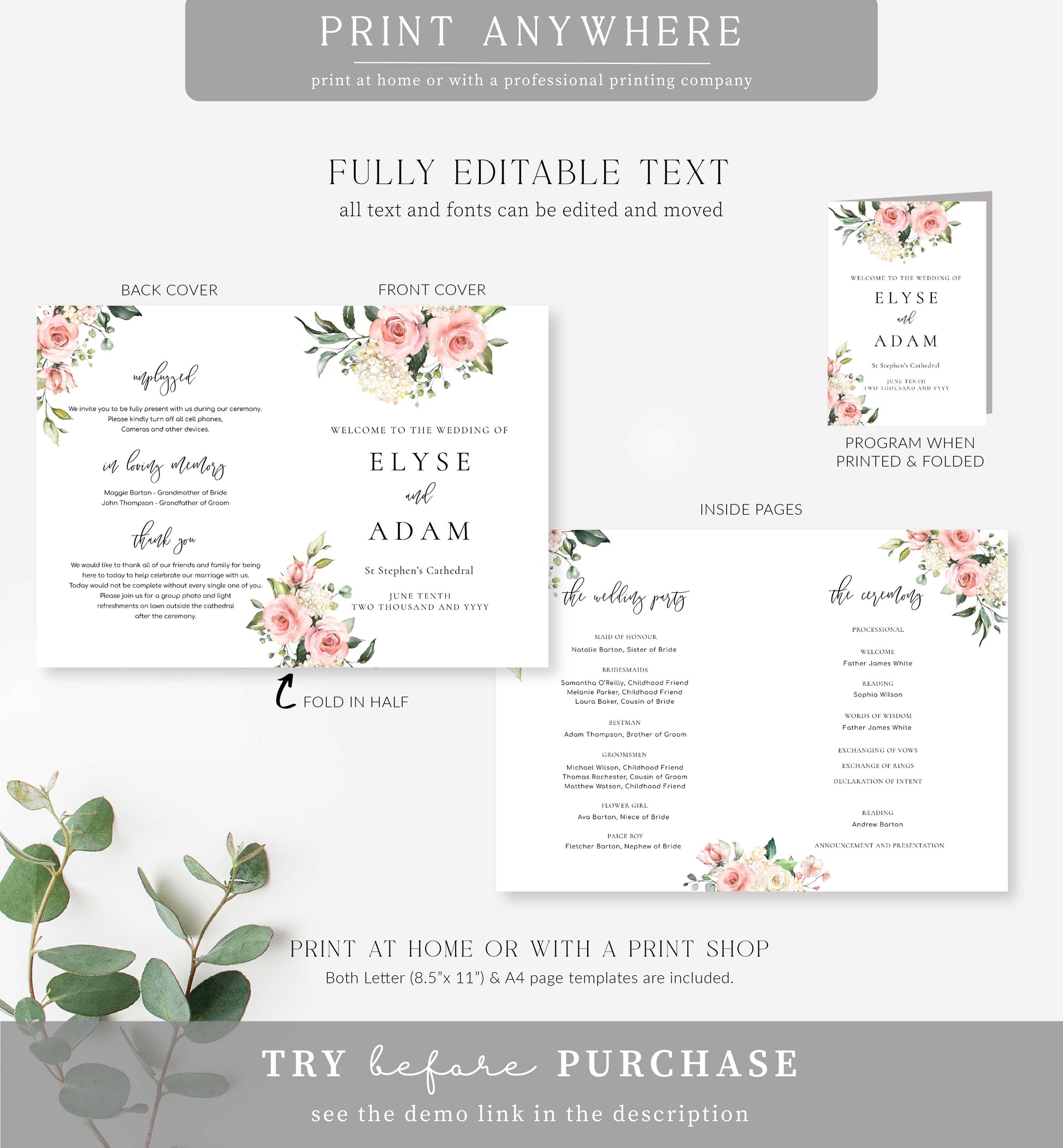 Printable Wedding Ceremony Program Template, Blush Pink Floral, Wedding Order of Ceremony Booklet Program, Single Fold Program, Darcy