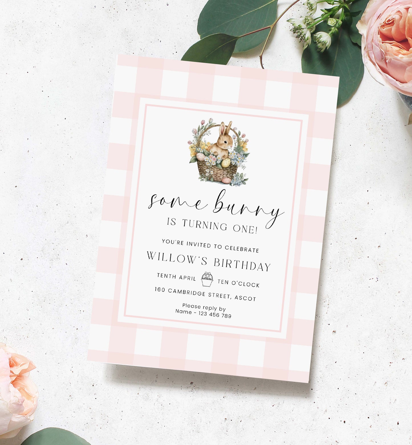 Some Bunny Birthday Printable Invitation, Pink Gingham Bunny Rabbit First Birthday, Picnic 1st Birthday Party, 2nd Birthday Invitation