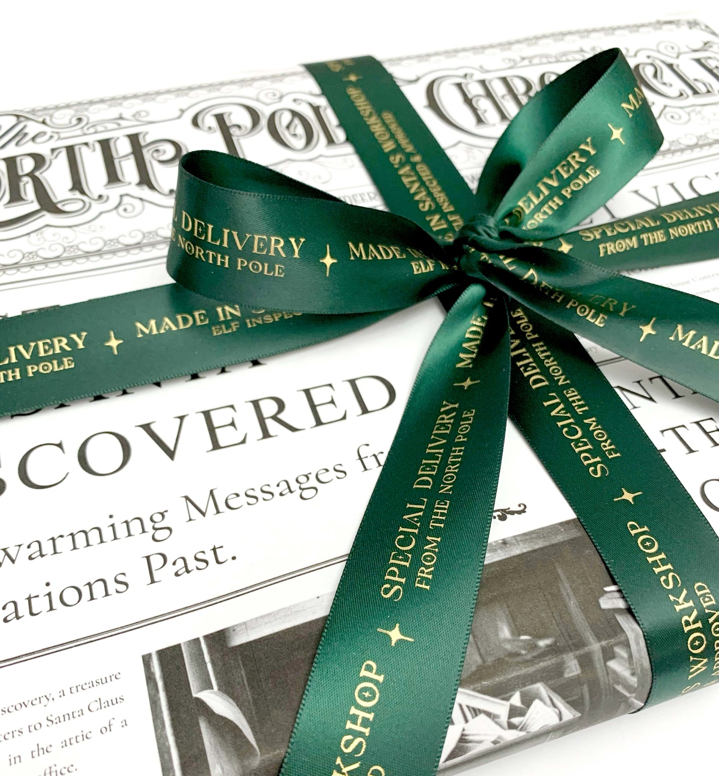 Special Delivery Made In Santa's Workshop Satin Ribbon, Green Gold, 25mm Woven Edge Satin Ribbon, Christmas Decorations Craft & Wrapping