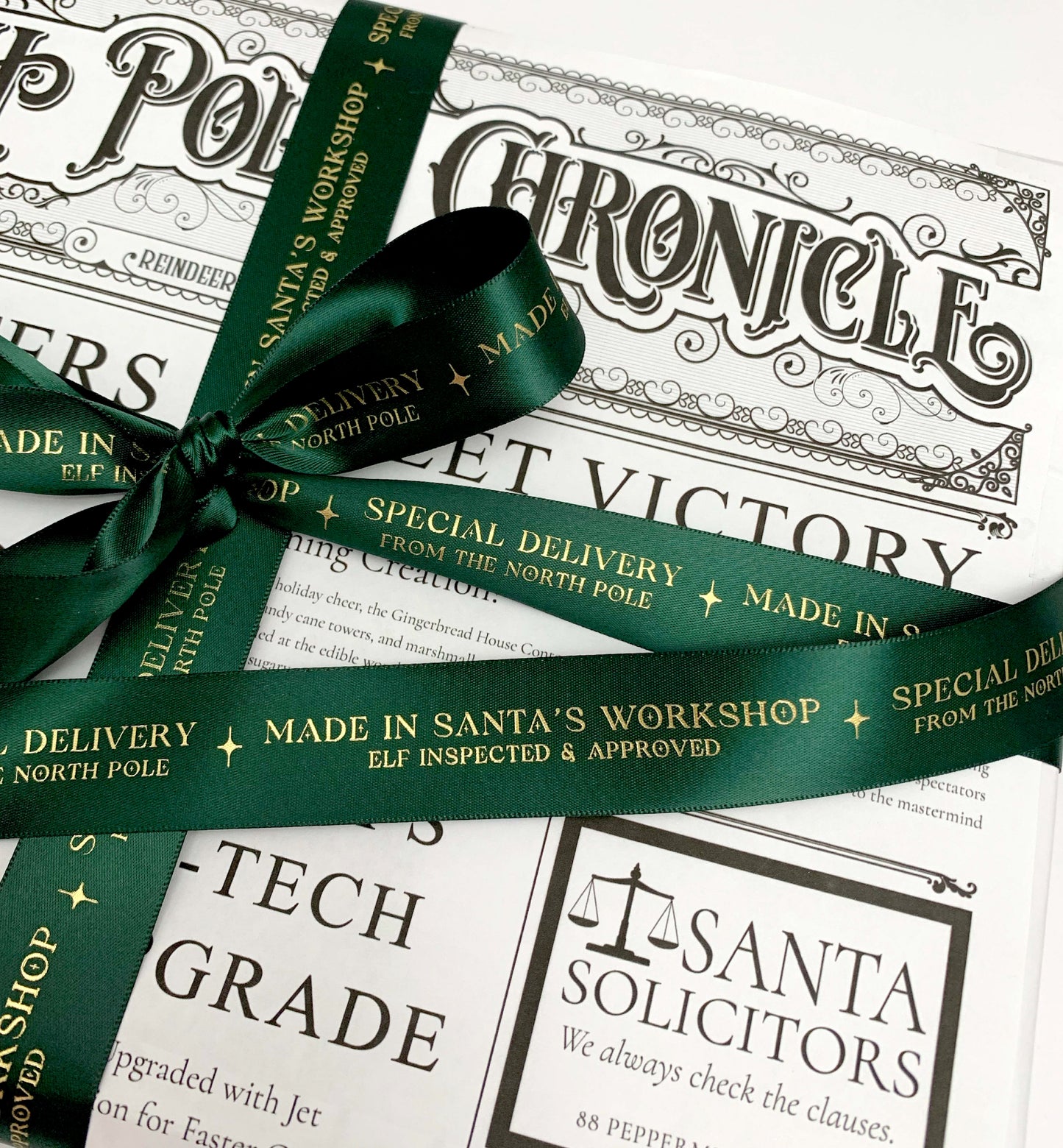 Special Delivery Made In Santa's Workshop Satin Ribbon, Green Gold, 25mm Woven Edge Satin Ribbon, Christmas Decorations Craft & Wrapping