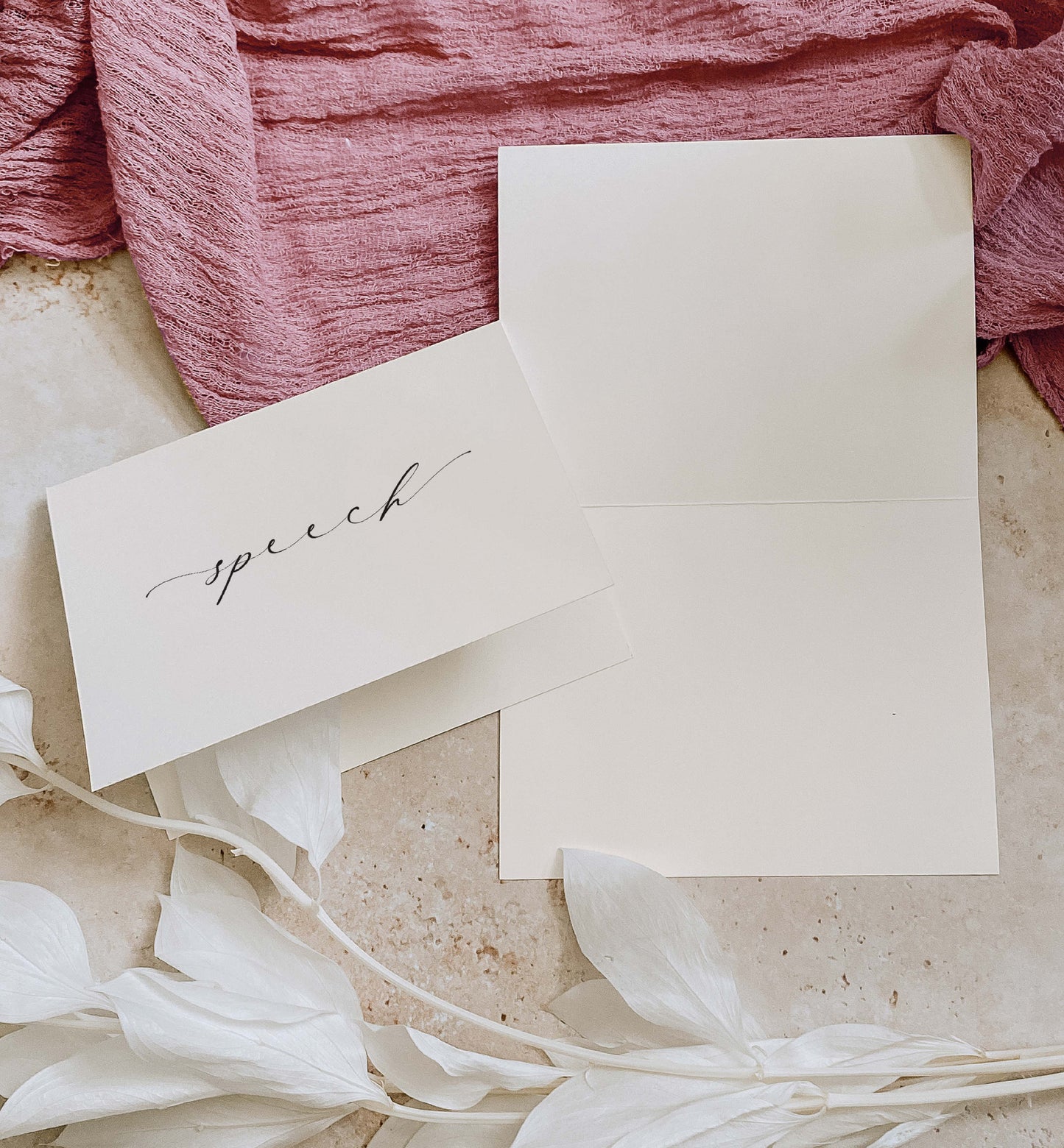 White card with 'speech' text on a textured surface with pink fabric and white flowers. Speech Card, Wedding Speech Holder, Groom Speech, Bride Speech, Best Man Speech, Minimalist Wedding Card, Off White Ivory, Ellesmere