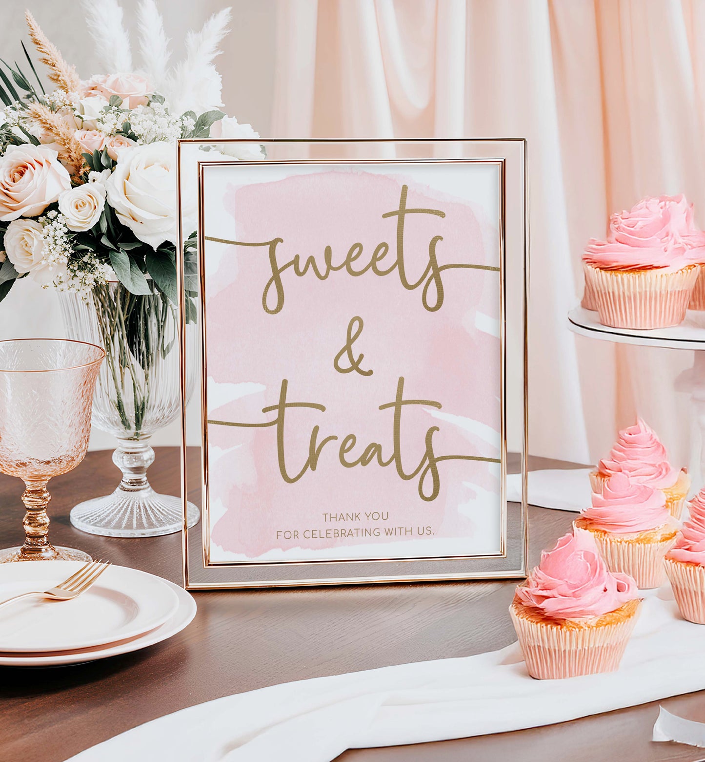 Table setting with 'sweets & treats' sign, pink cupcakes, and floral arrangement. Sweets and Treats Favors Sign, Pink Watercolour Printable Favours Sign, Gold Foil, Bridal and Baby Favors Shower Sign, Wedding Favors Sign