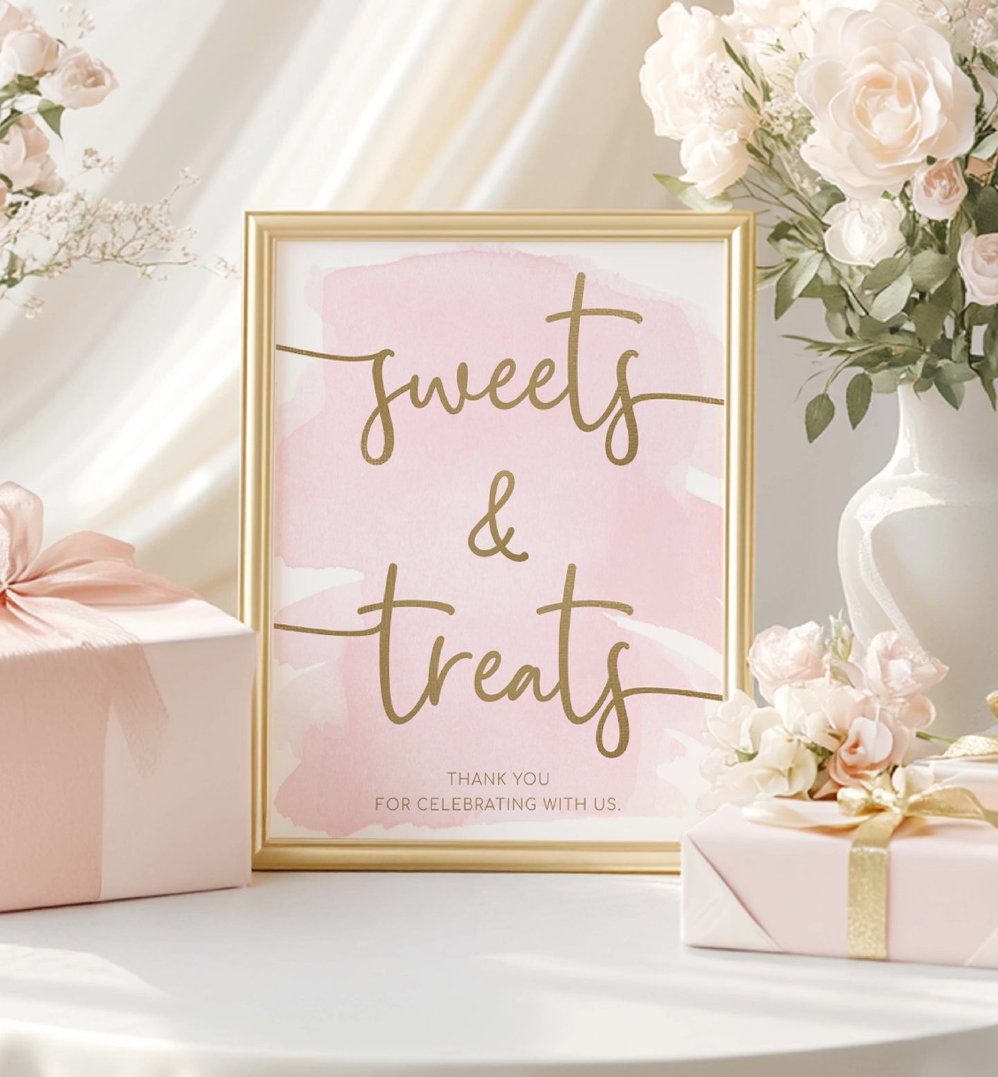 Framed sign with 'sweets & treats' text on a table with gifts and flowers. Sweets and Treats Favors Sign, Pink Watercolour Printable Favours Sign, Gold Foil, Bridal and Baby Favors Shower Sign, Wedding Favors Sign