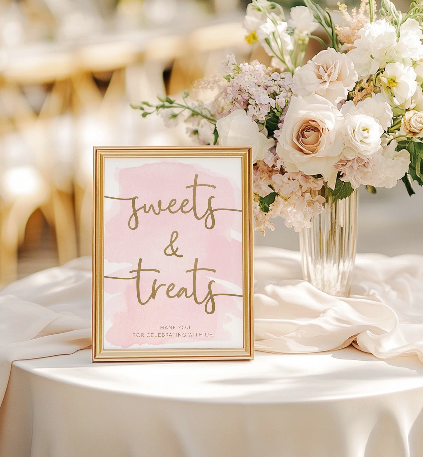 Framed 'sweets & treats' sign on a table with floral arrangement. Sweets and Treats Favors Sign, Pink Watercolour Printable Favours Sign, Gold Foil, Bridal and Baby Favors Shower Sign, Wedding Favors Sign