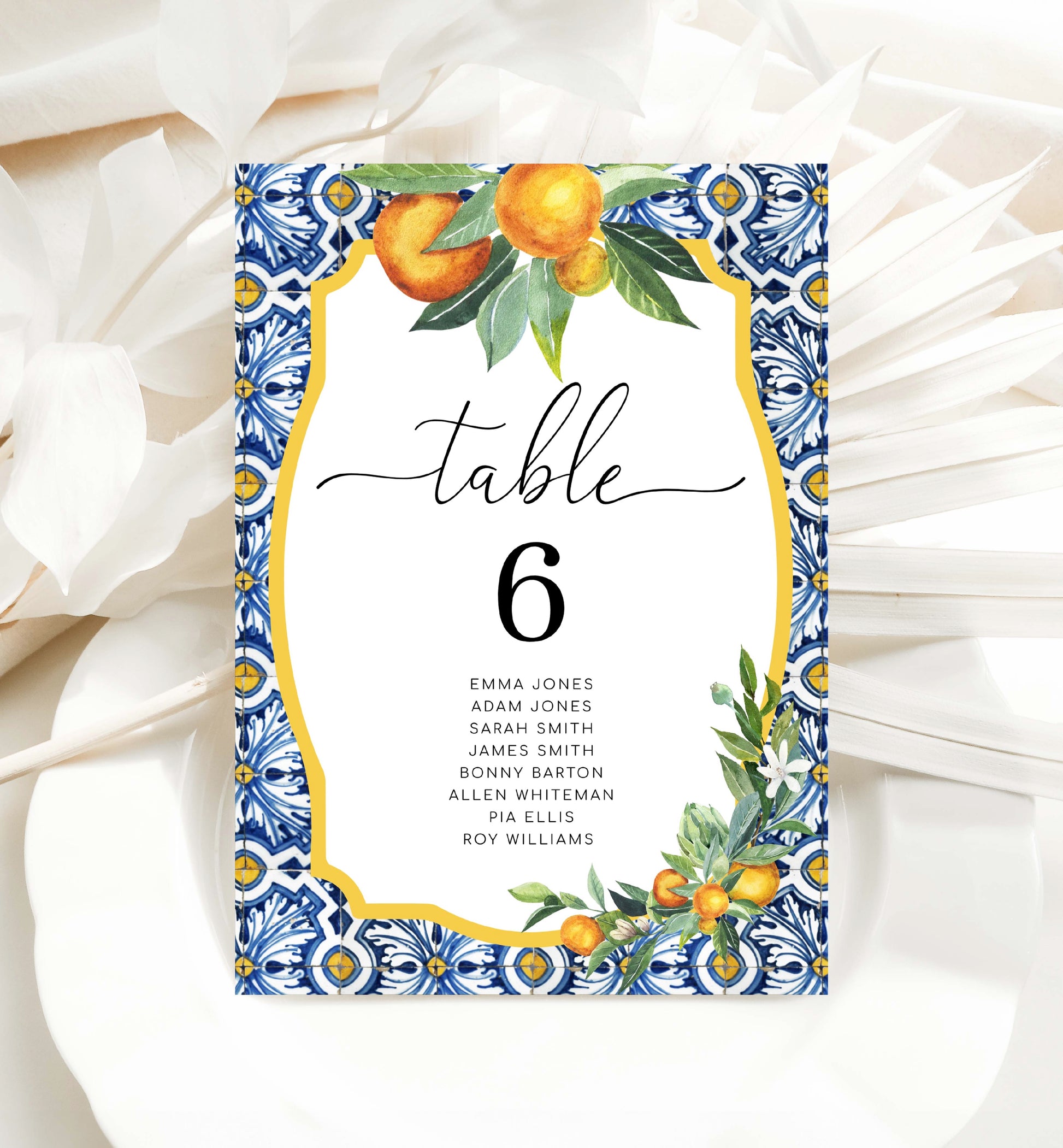 Printable Table Seating Chart Printable, Positano Blue Tile Orange Wedding Printable Table Numbers with Guest Names, Printable Seating Plan