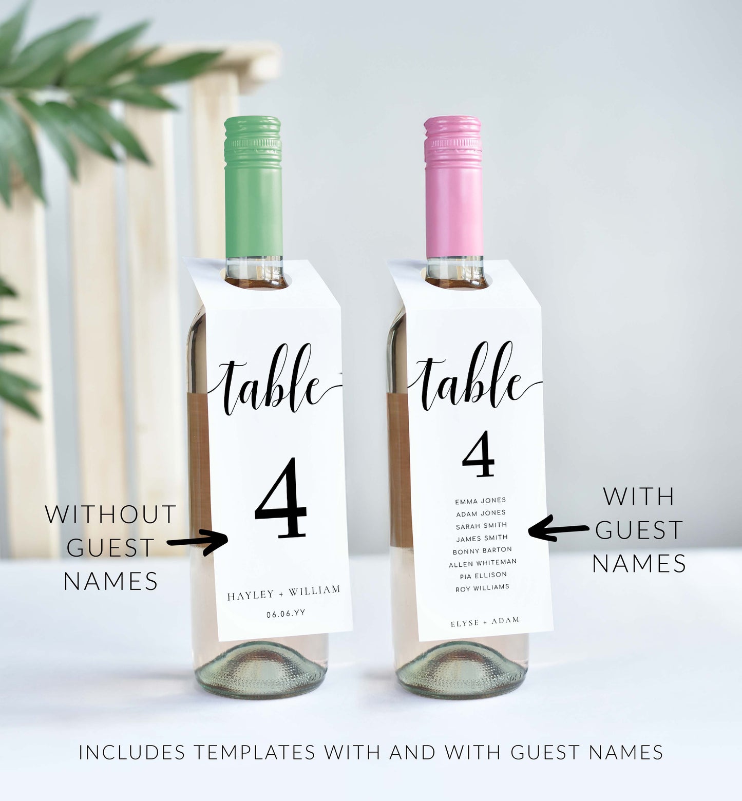 Two wine bottles with table number labels on a white background. Printable Table Number Wine Bottle Tags, Minimalist Wedding Table Numbers, Table Seating Plan Cards, Table Numbers with Guest Names, Leyton