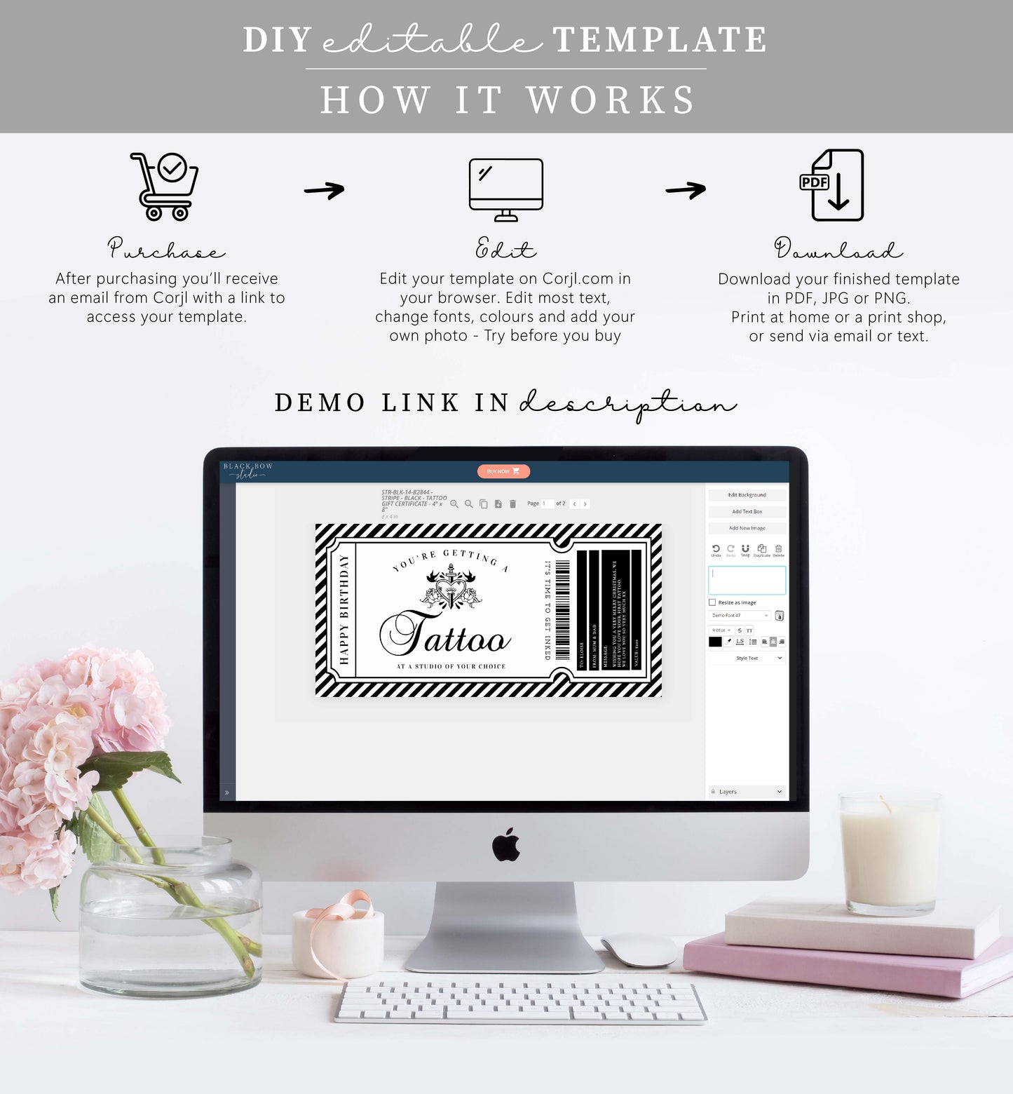 Stripe Black | Printable Tattoo Custom Gift Voucher Template