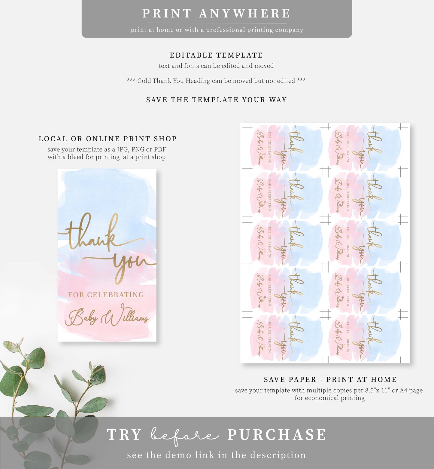 Watercolour Pink Blue | Printable Thank You Favour Tags