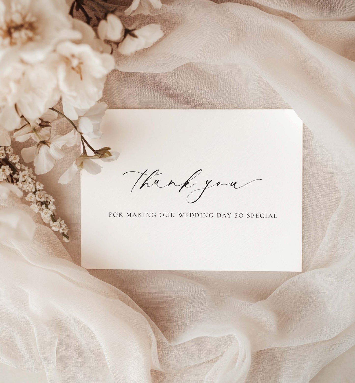 Wedding thank you card with floral arrangement on soft fabric background. Thank You For Making Our Wedding Day So Special Card, Wedding Vendor Thank You Card, Wedding Gift Thank Card Ivory, Ellesmere