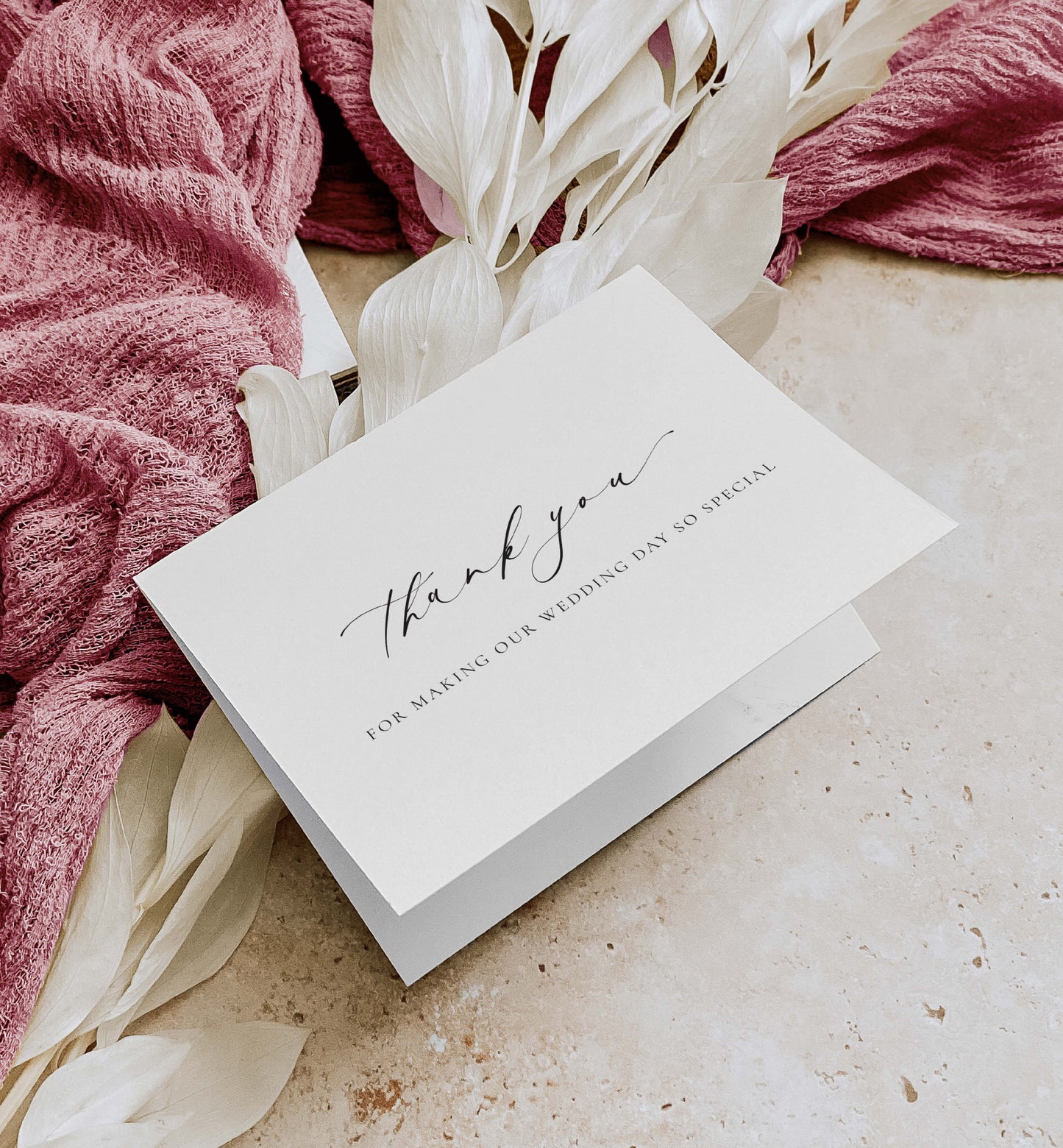 White card with 'thank you' text on a textured surface with pink fabric and white flowers. Thank You For Making Our Wedding Day So Special Card, Wedding Vendor Thank You Card, Wedding Gift Thank Card Ivory, Ellesmere