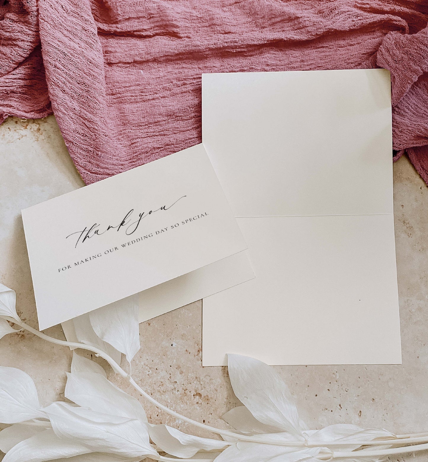 White card with 'thank you' message on a textured surface with pink fabric and white flowers. Thank You For Making Our Wedding Day So Special Card, Wedding Vendor Thank You Card, Wedding Gift Thank Card Ivory, Ellesmere