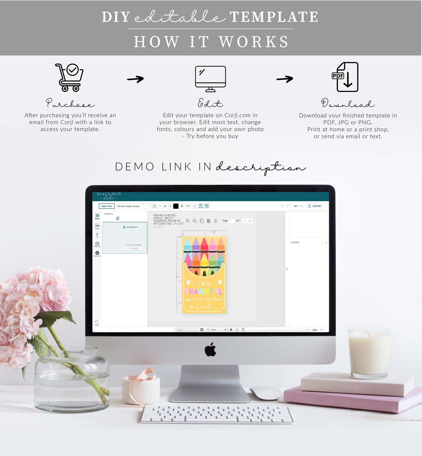 Pencil | Printable Thankful You're In My Class Crayon Favour Tag Template