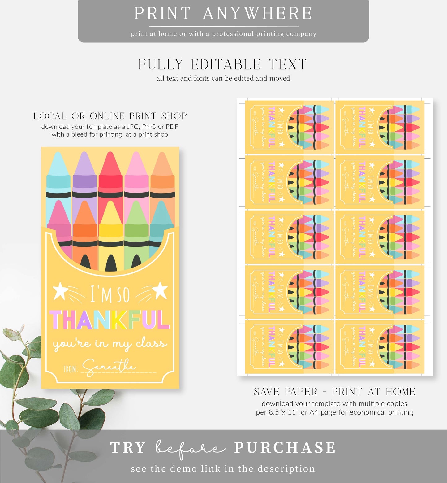 Pencil | Printable Thankful You're In My Class Crayon Favour Tag Template