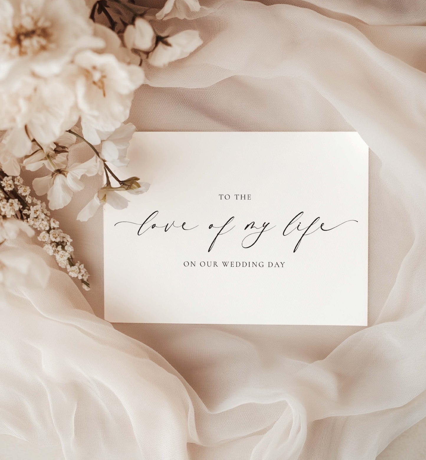Wedding card with 'To the love of my life on our wedding day' text, surrounded by flowers and fabric. To The Love Of My Life Wedding Day Card, Bride & Groom Wedding Day Card, Husband and Wife Wedding Day Card, Ellesmere