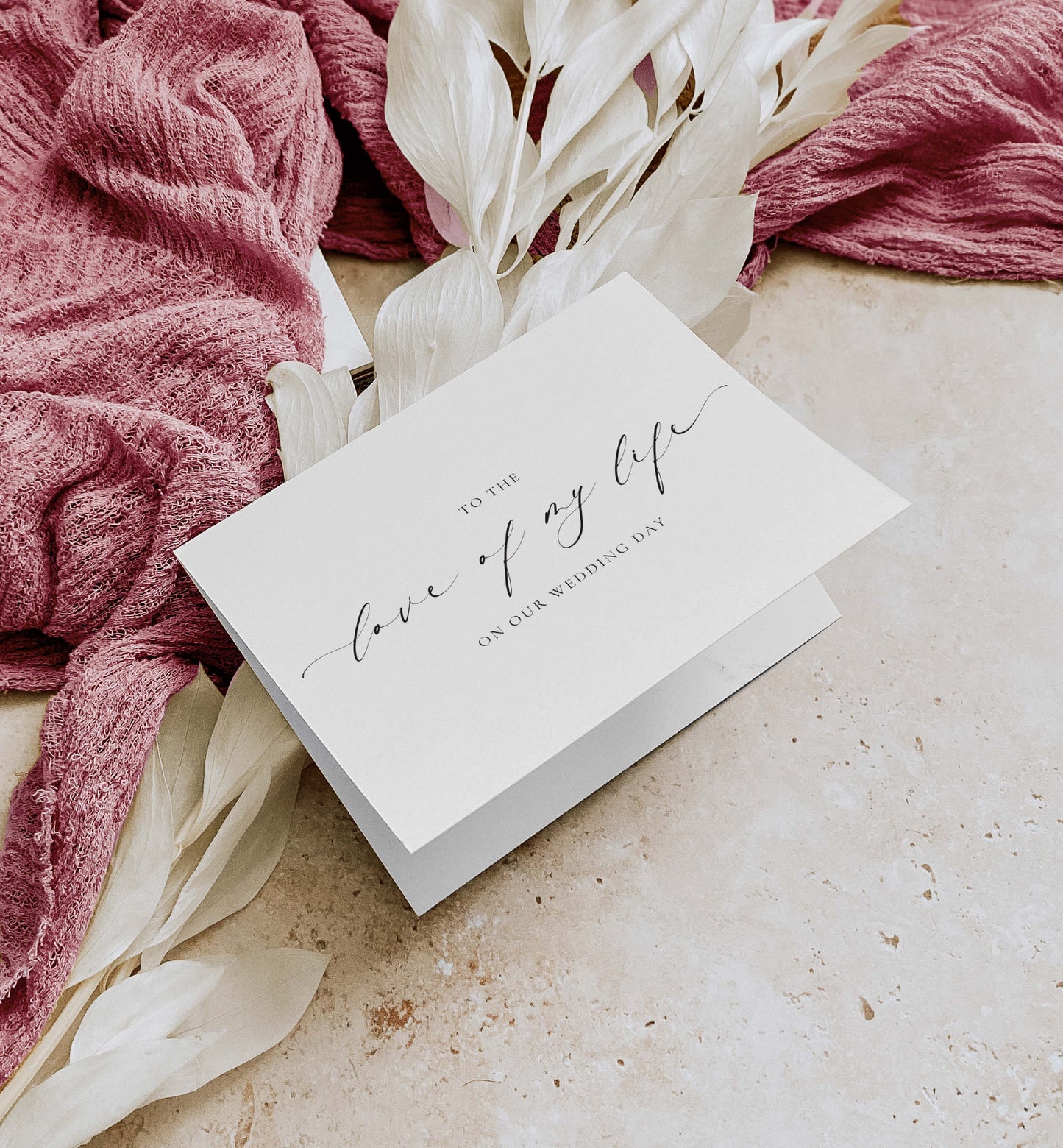 Greeting card with 'To the love of my life on our wedding day' text, surrounded by pink fabric and white flowers. To The Love Of My Life Wedding Day Card, Bride & Groom Wedding Day Card, Husband and Wife Wedding Day Card, Ellesmere