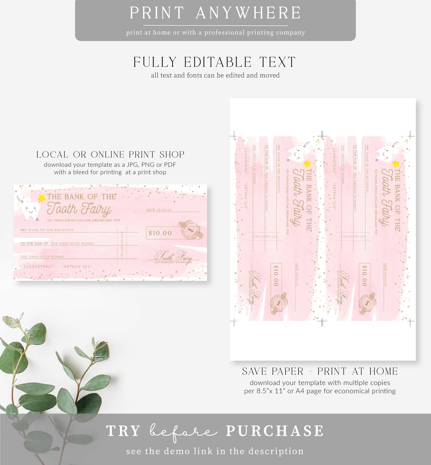 Watercolour Pink | Printable Tooth Fairy Cheque Gift Voucher Template