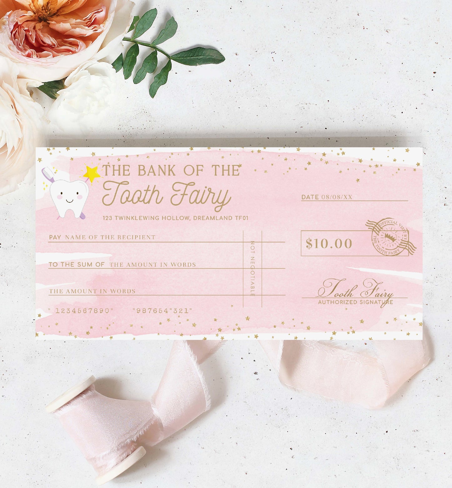 Pink check from the Bank of the Tooth Fairy on a light background with flowers. Printable Tooth Fairy Cheque, Tooth Fairy Money Voucher, Tooth Fairy Payment Certificate, Lost Tooth Gift Voucher, Coupon, Pink Watercolor
