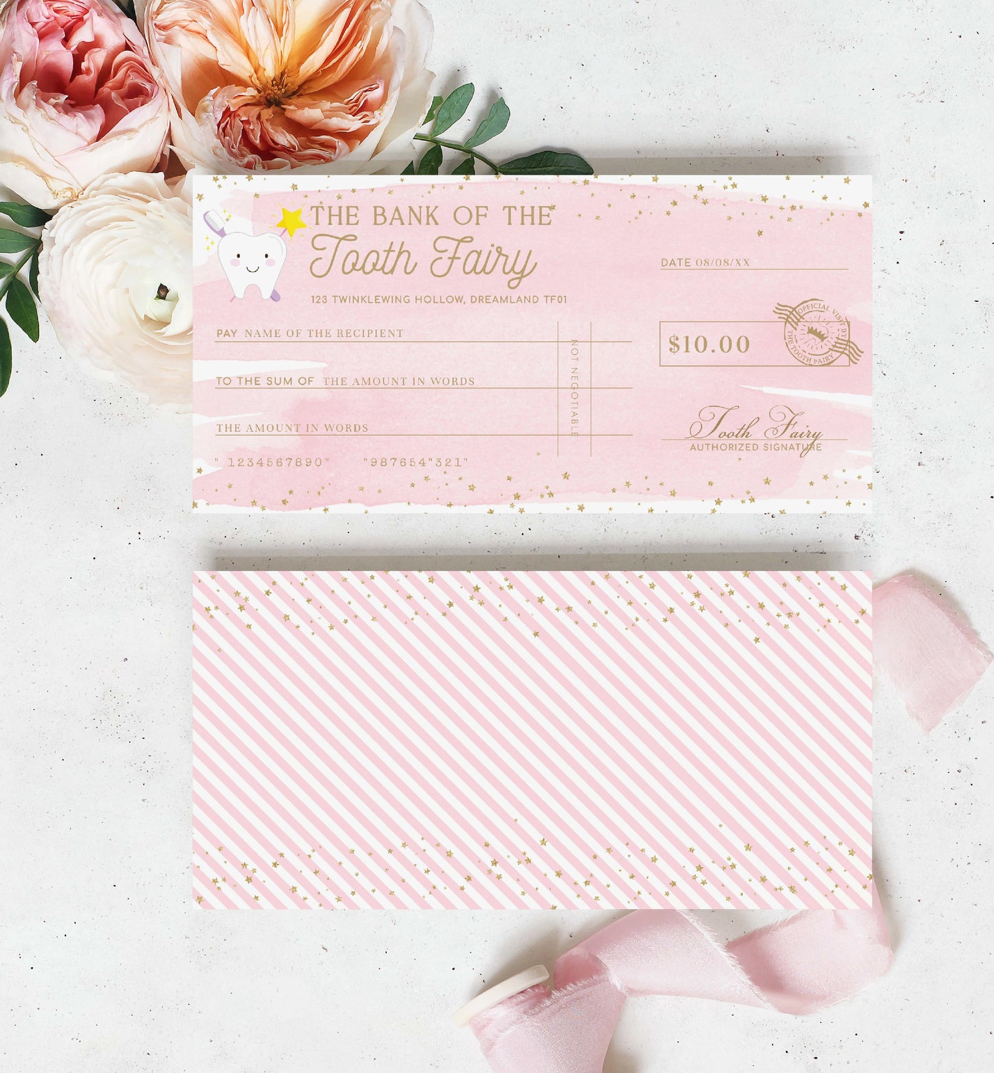 Pink tooth fairy check with decorative elements on a light background. Printable Tooth Fairy Cheque, Tooth Fairy Money Voucher, Tooth Fairy Payment Certificate, Lost Tooth Gift Voucher, Coupon, Pink Watercolor