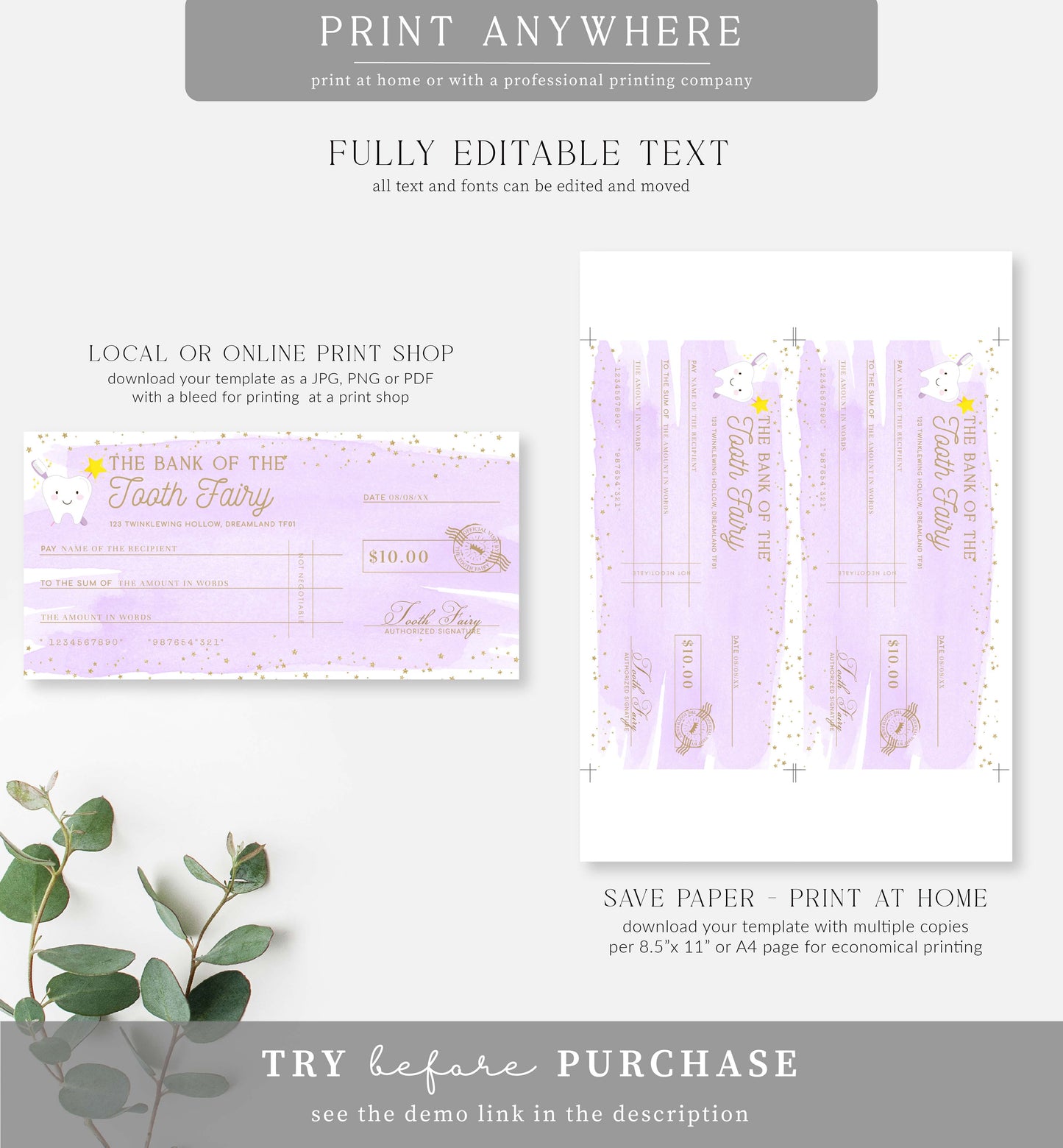 Watercolour Purple | Printable Tooth Fairy Cheque Gift Voucher Template