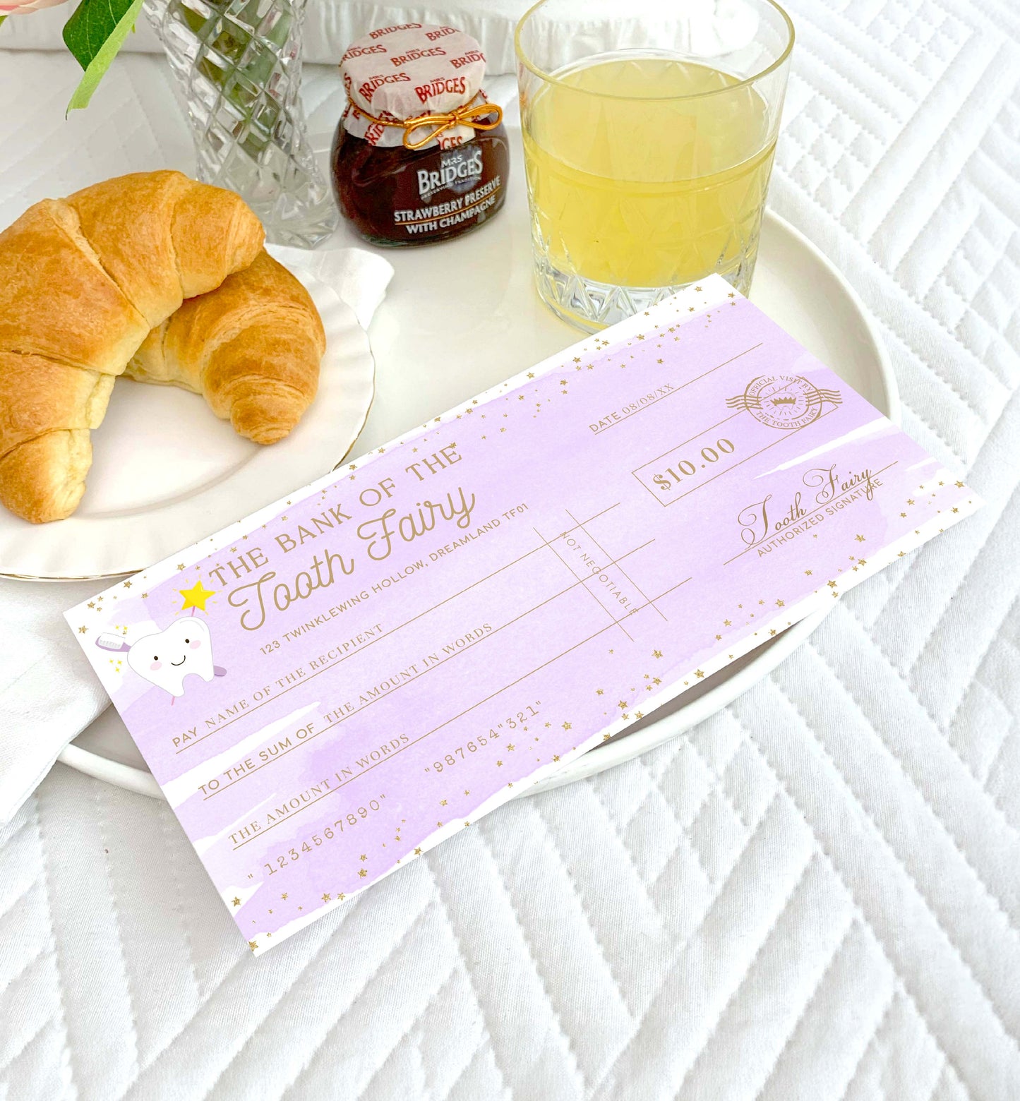 Tooth fairy check on a table with croissants and juice. Printable Tooth Fairy Cheque, Tooth Fairy Money Voucher, Tooth Fairy Payment Certificate, Lost Tooth Gift Voucher, Coupon, Purple Watercolor