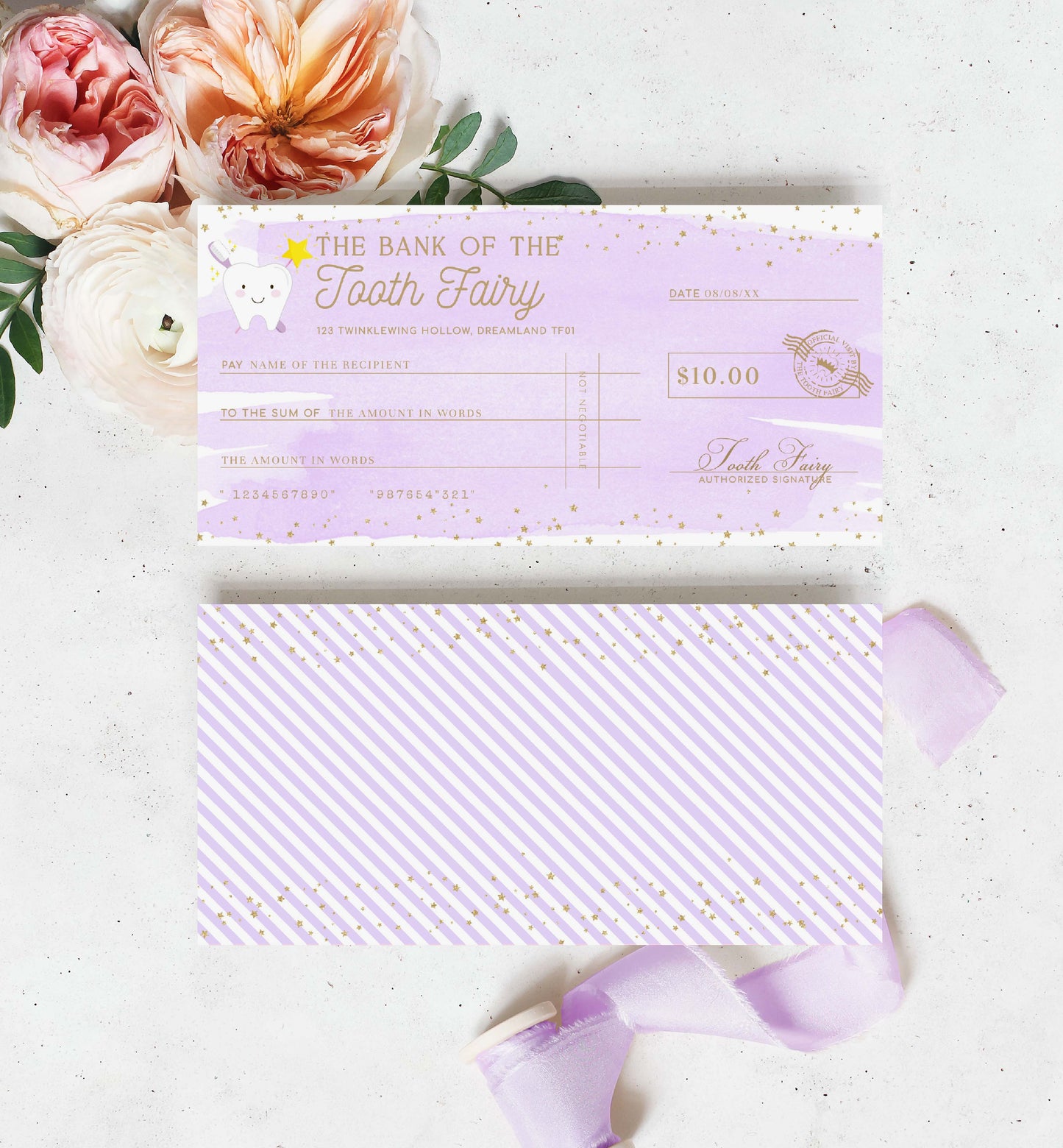 Lavender checkbook with gold text on a white surface with flowers. Printable Tooth Fairy Cheque, Tooth Fairy Money Voucher, Tooth Fairy Payment Certificate, Lost Tooth Gift Voucher, Coupon, Purple Watercolor
