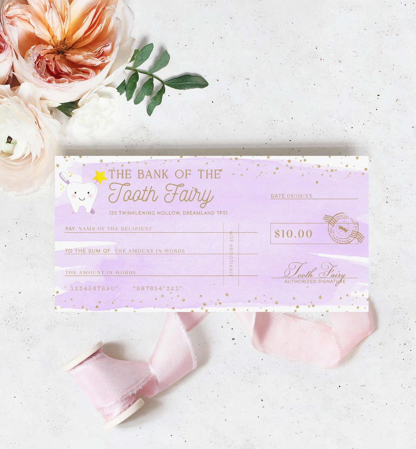 Check from 'The Bank of the Tooth Fairy' with decorative flowers on a light background. Printable Tooth Fairy Cheque, Tooth Fairy Money Voucher, Tooth Fairy Payment Certificate, Lost Tooth Gift Voucher, Coupon, Purple Watercolor