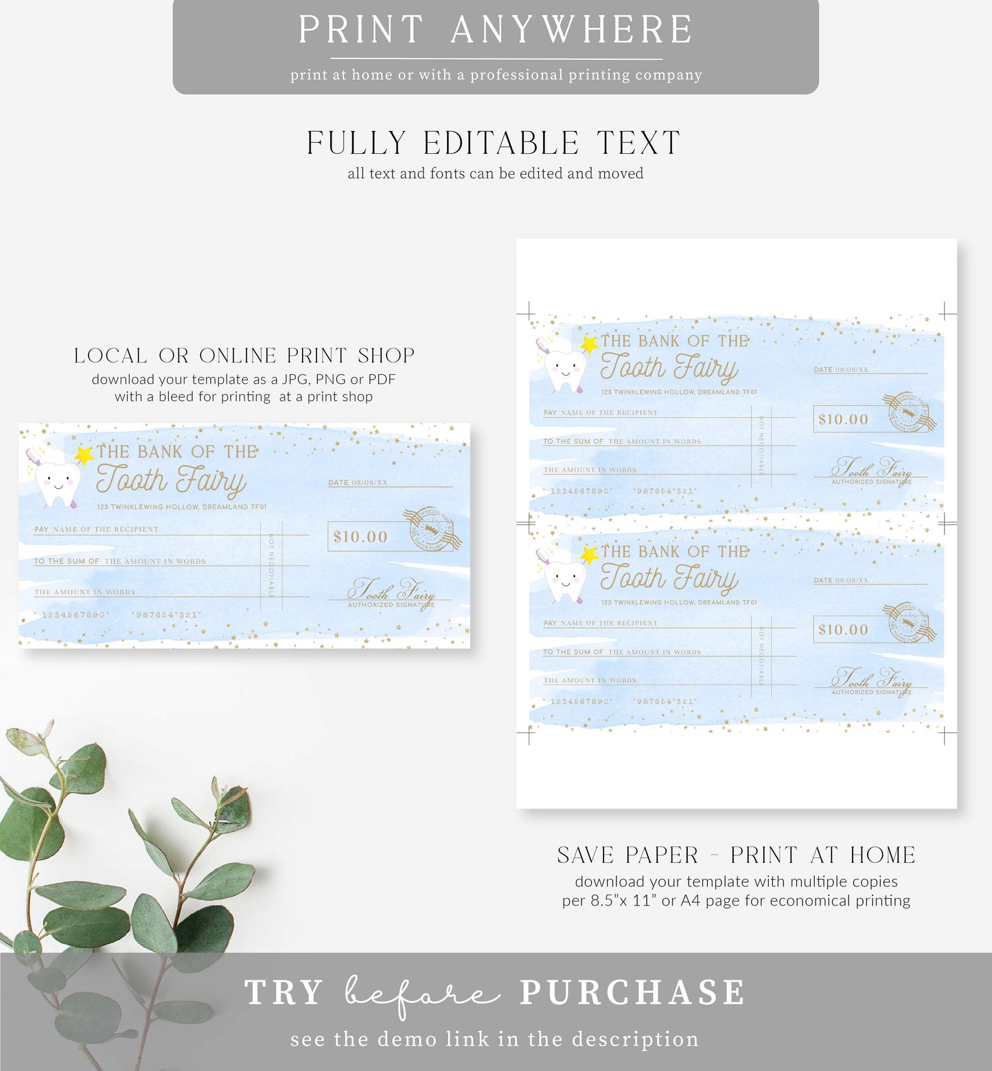 Watercolour Blue | Printable Tooth Fairy Cheque Gift Voucher Template
