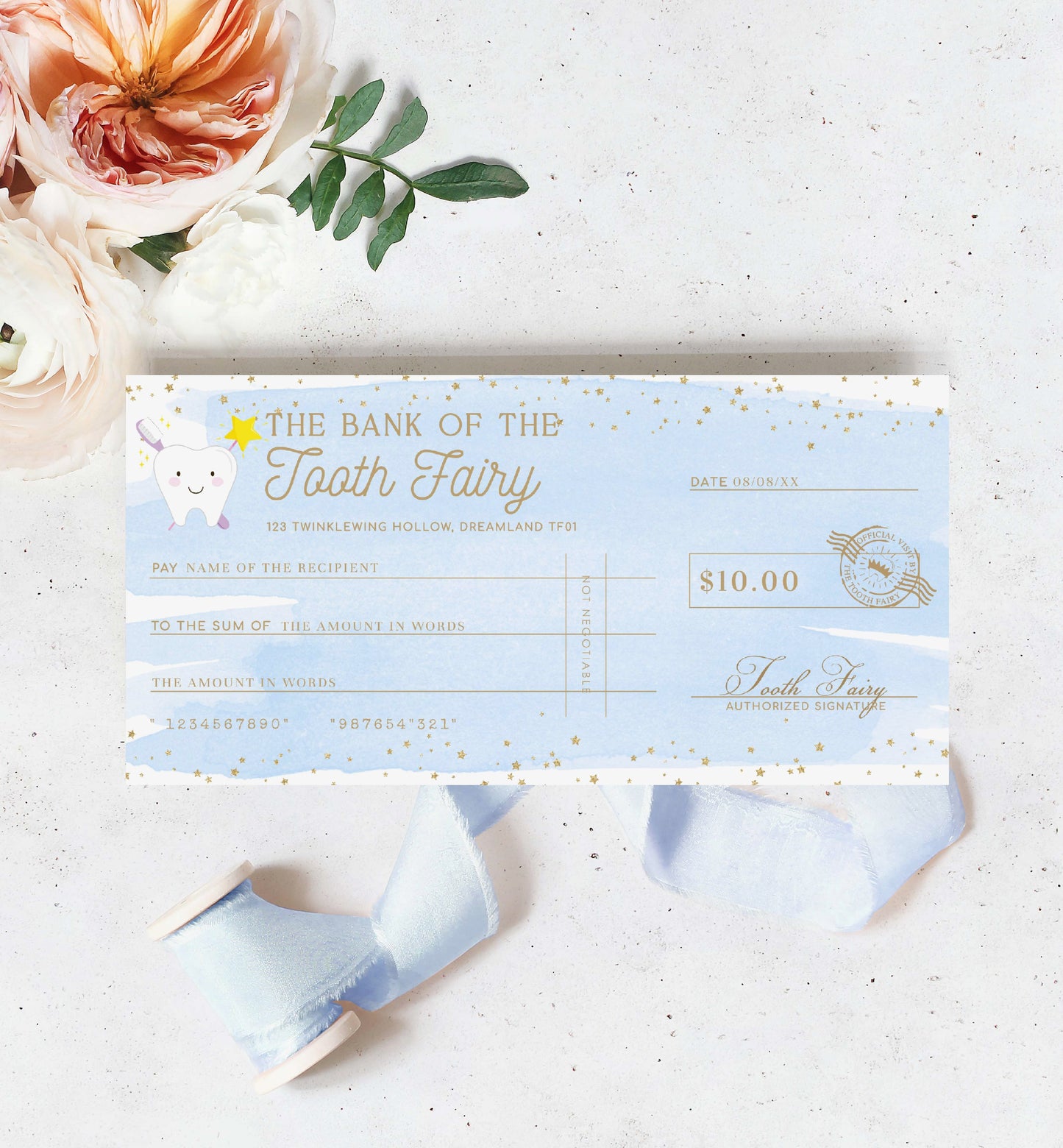 Check from the Bank of the Tooth Fairy on a light blue background with decorative ribbons and flowers. Printable Tooth Fairy Cheque, Tooth Fairy Money Voucher, Tooth Fairy Payment Certificate, Lost Tooth Gift Voucher, Coupon, Blue Watercolor
