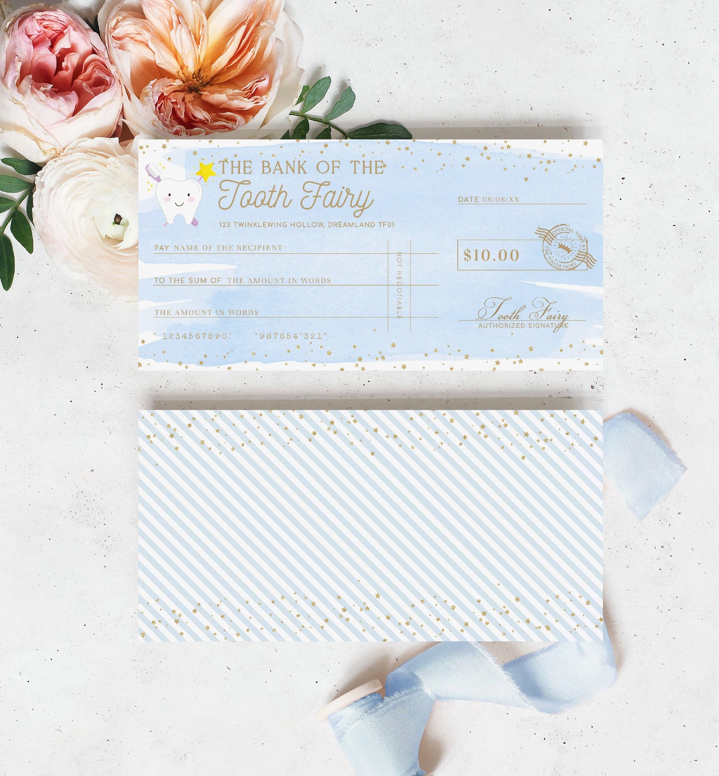 Check from the Bank of the Tooth Fairy with decorative ribbons and flowers on a light background. Printable Tooth Fairy Cheque, Tooth Fairy Money Voucher, Tooth Fairy Payment Certificate, Lost Tooth Gift Voucher, Coupon, Blue Watercolor