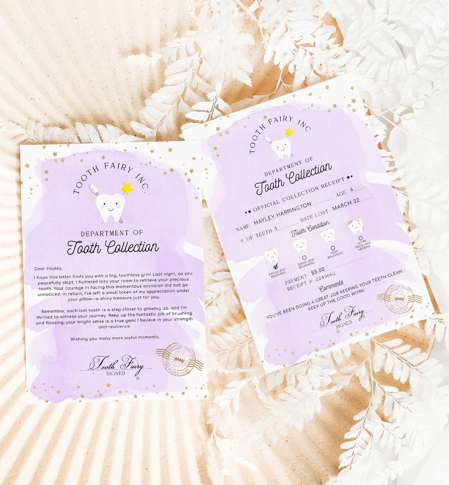 Printable Tooth Fairy Letter and Receipt, Tooth Fairy Collection Receipt, Tooth Fairy Payment Recipe And Visit Certificate, Lost Tooth Note